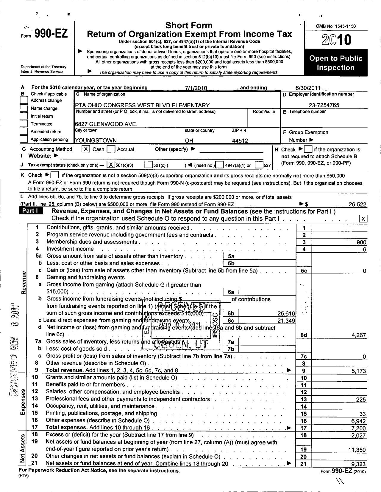 Image of first page of 2010 Form 990EZ for PTA Ohio Congress / West Blvd Elementary