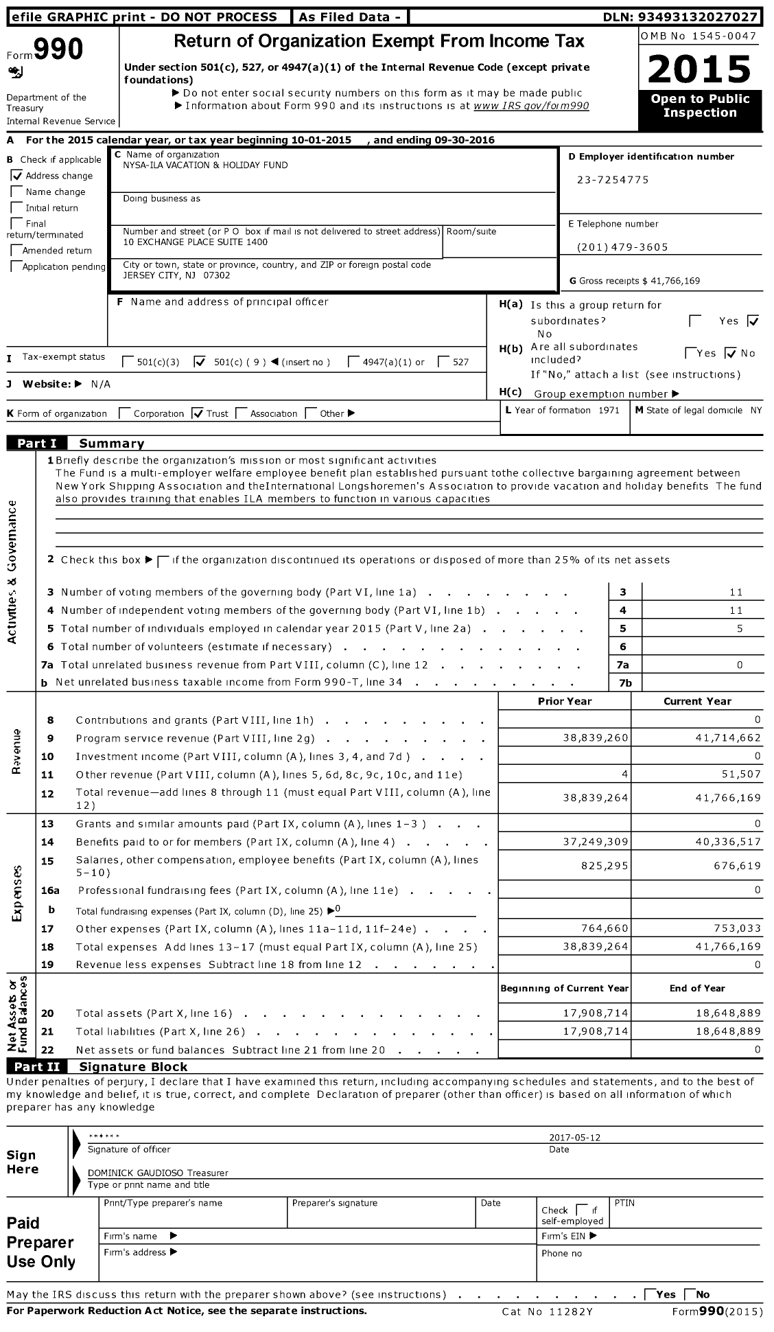 Image of first page of 2015 Form 990O for Nysa-Ila Vacation and Holiday Fund