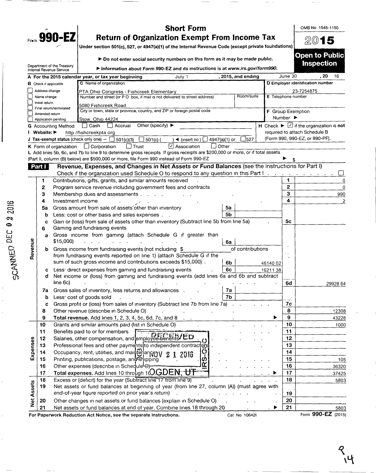 Image of first page of 2015 Form 990EO for PTA Ohio Congress / Fish Creek El