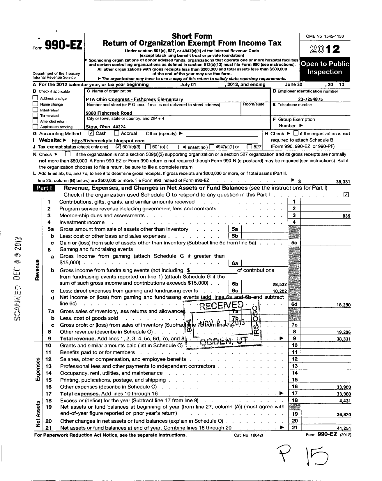 Image of first page of 2012 Form 990EZ for PTA Ohio Congress / Fish Creek El