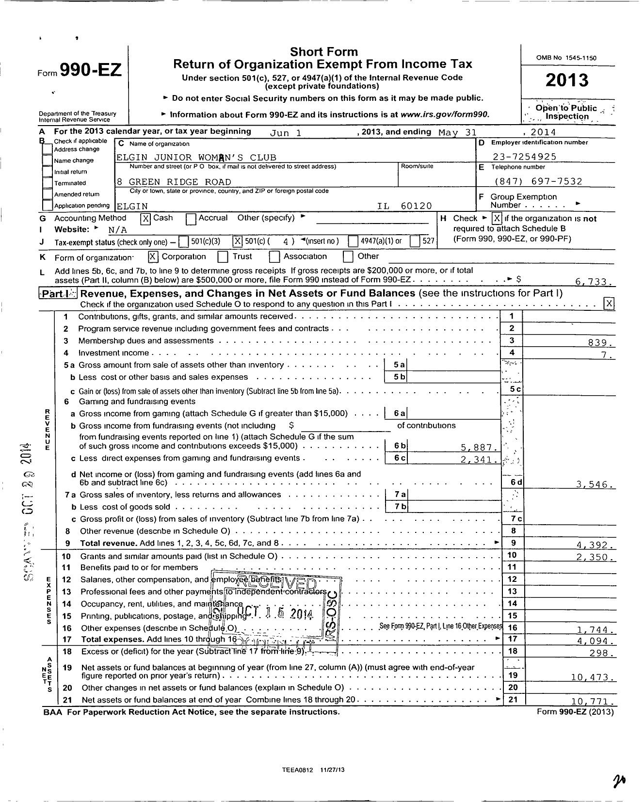 Image of first page of 2013 Form 990EO for Elgin Junior Womans Club