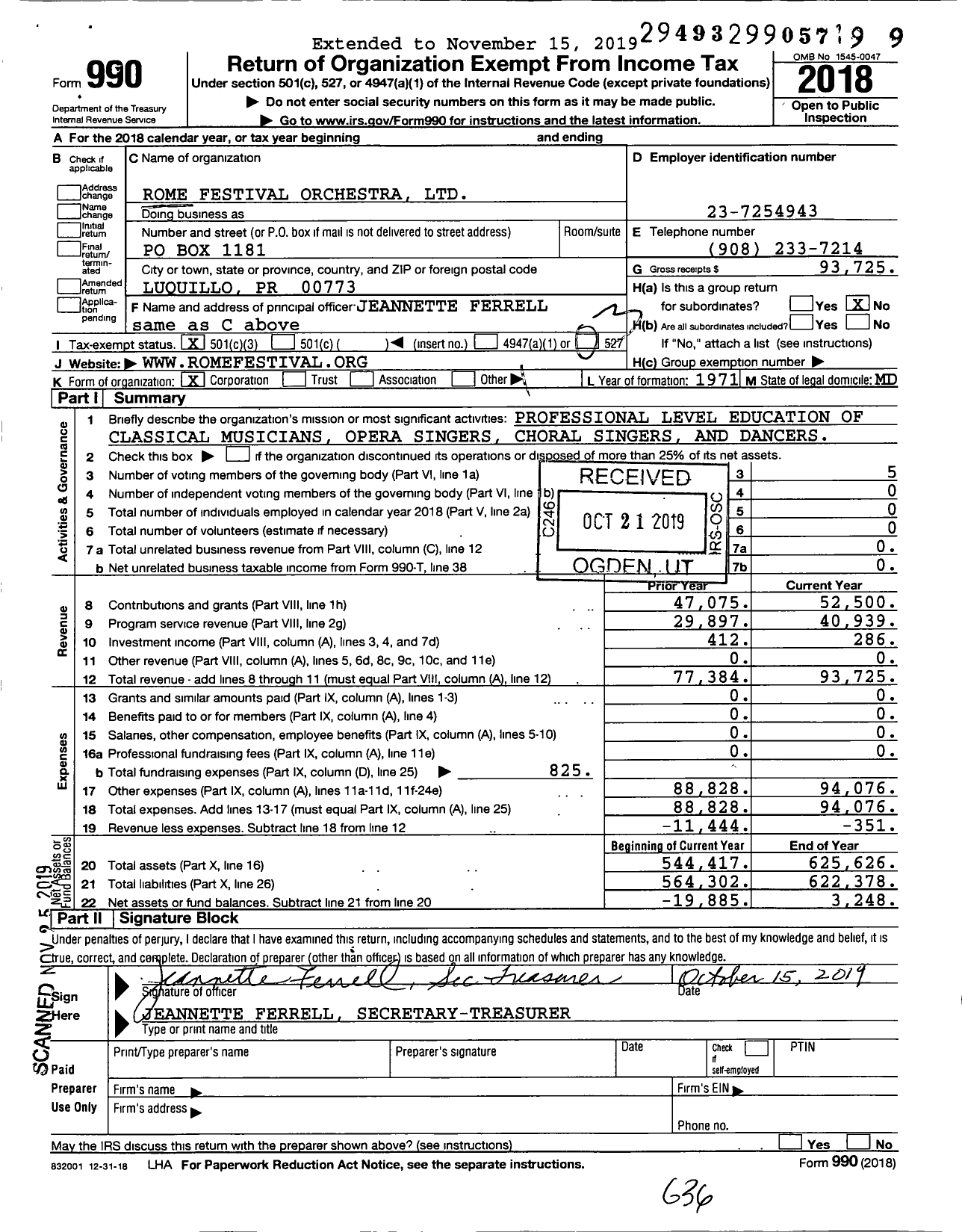 Image of first page of 2018 Form 990 for Rome Festival Orchestra