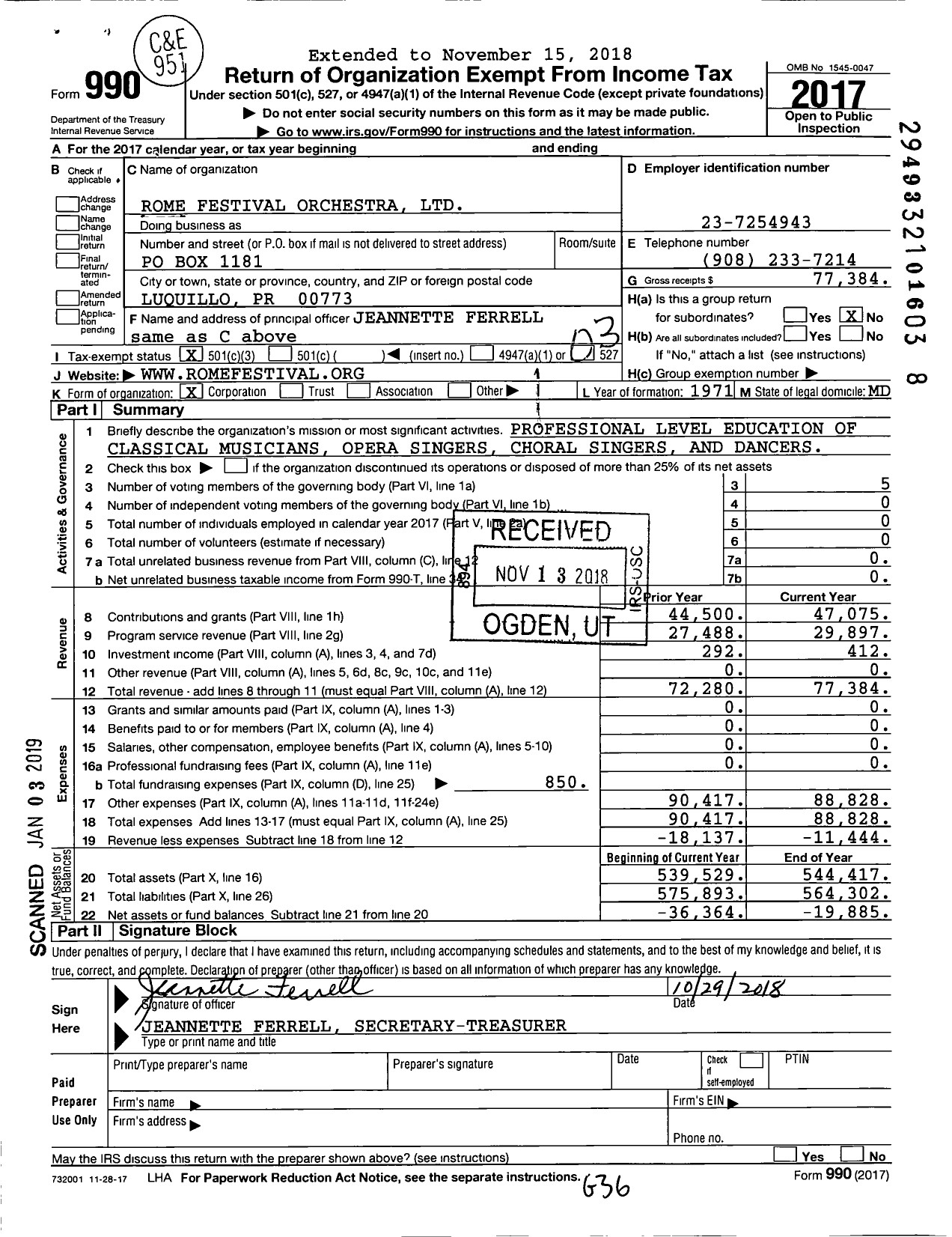 Image of first page of 2017 Form 990 for Rome Festival Orchestra