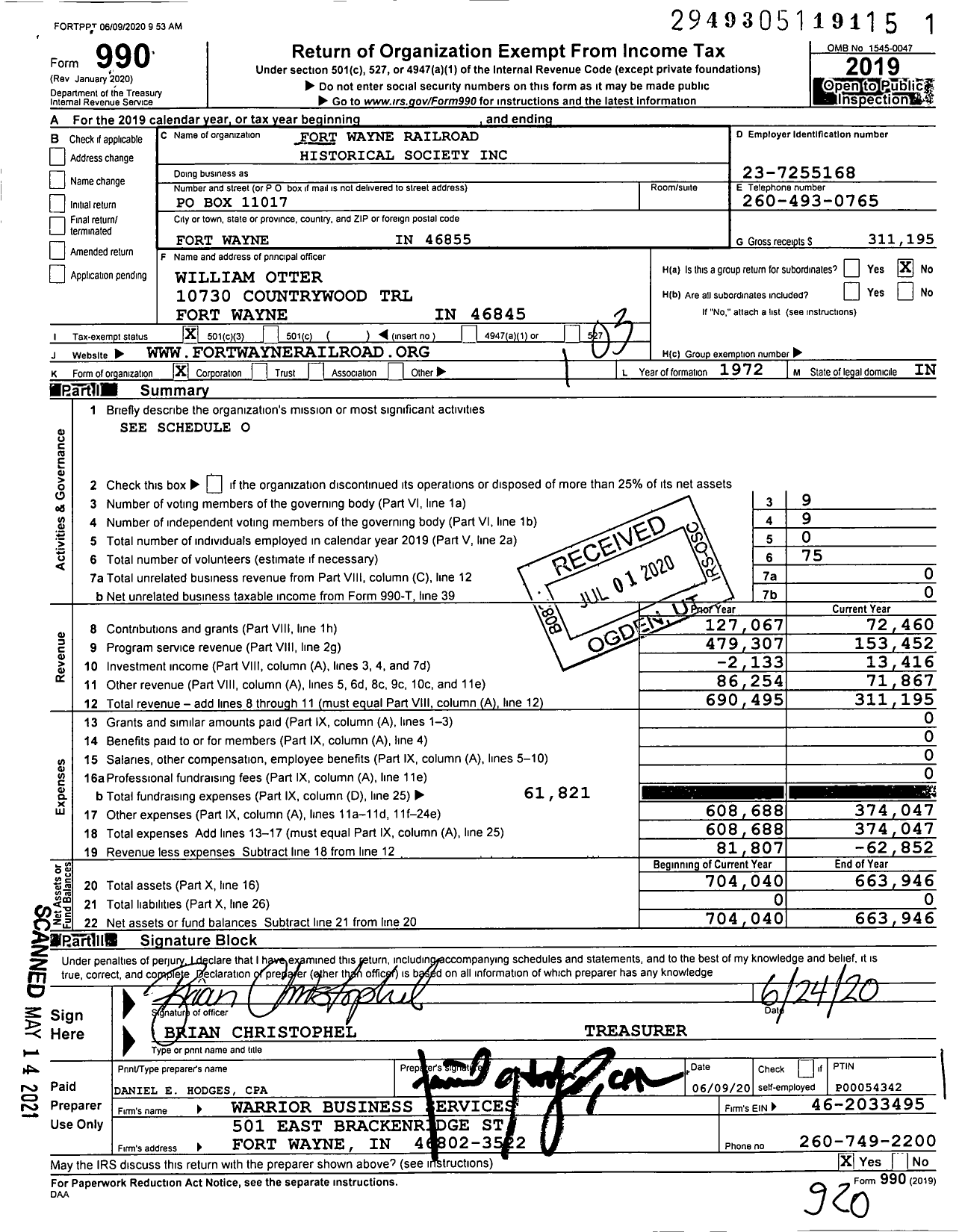 Image of first page of 2019 Form 990 for Fort Wayne Railroad Historical Society