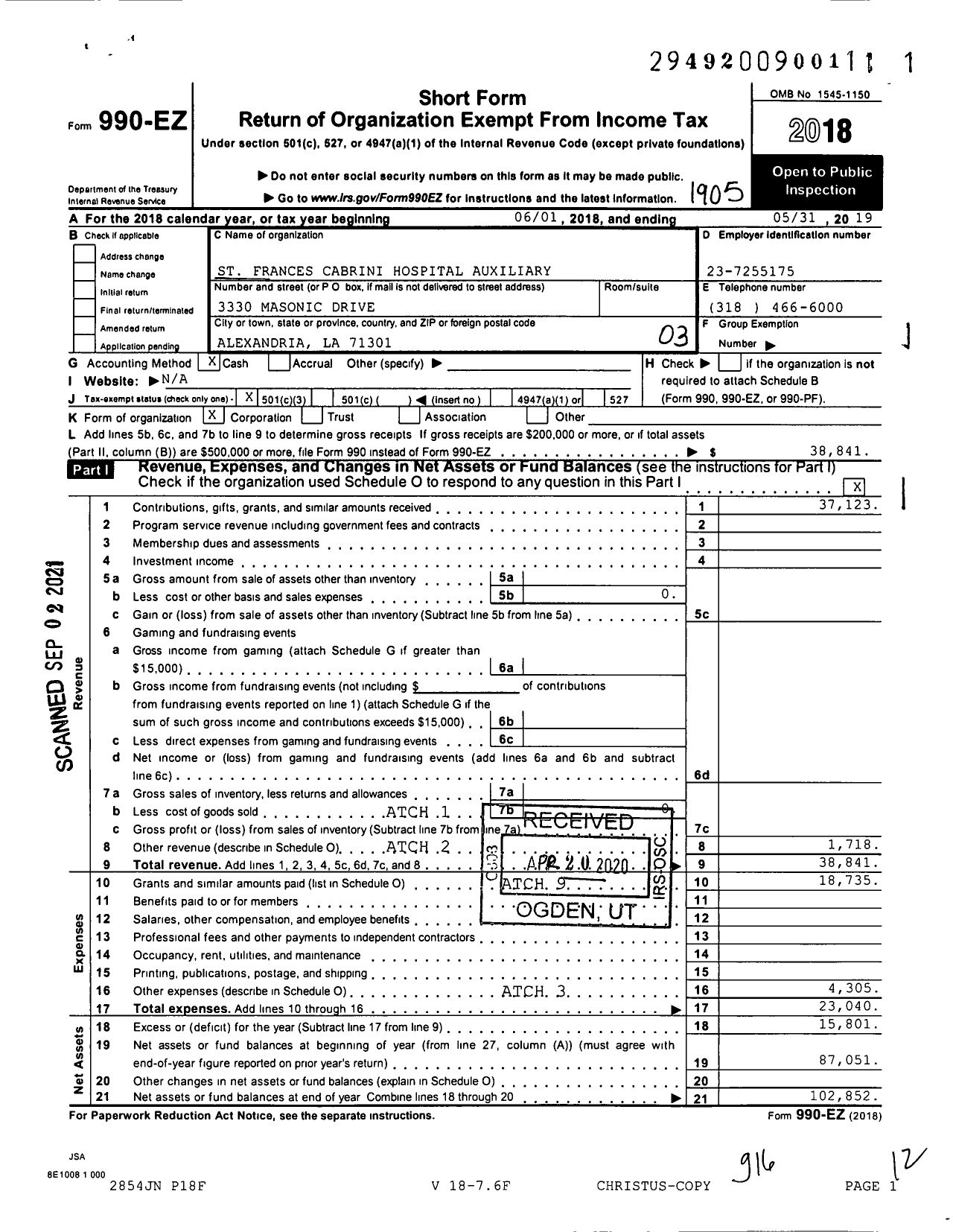 Image of first page of 2018 Form 990EZ for St Frances Cabrini Hospital Auxiliary