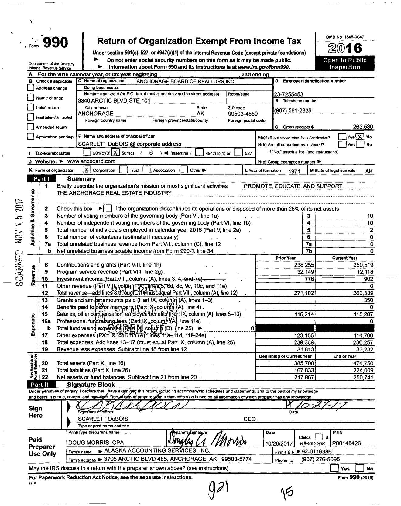 Image of first page of 2016 Form 990O for Anchorage Board of Realtors