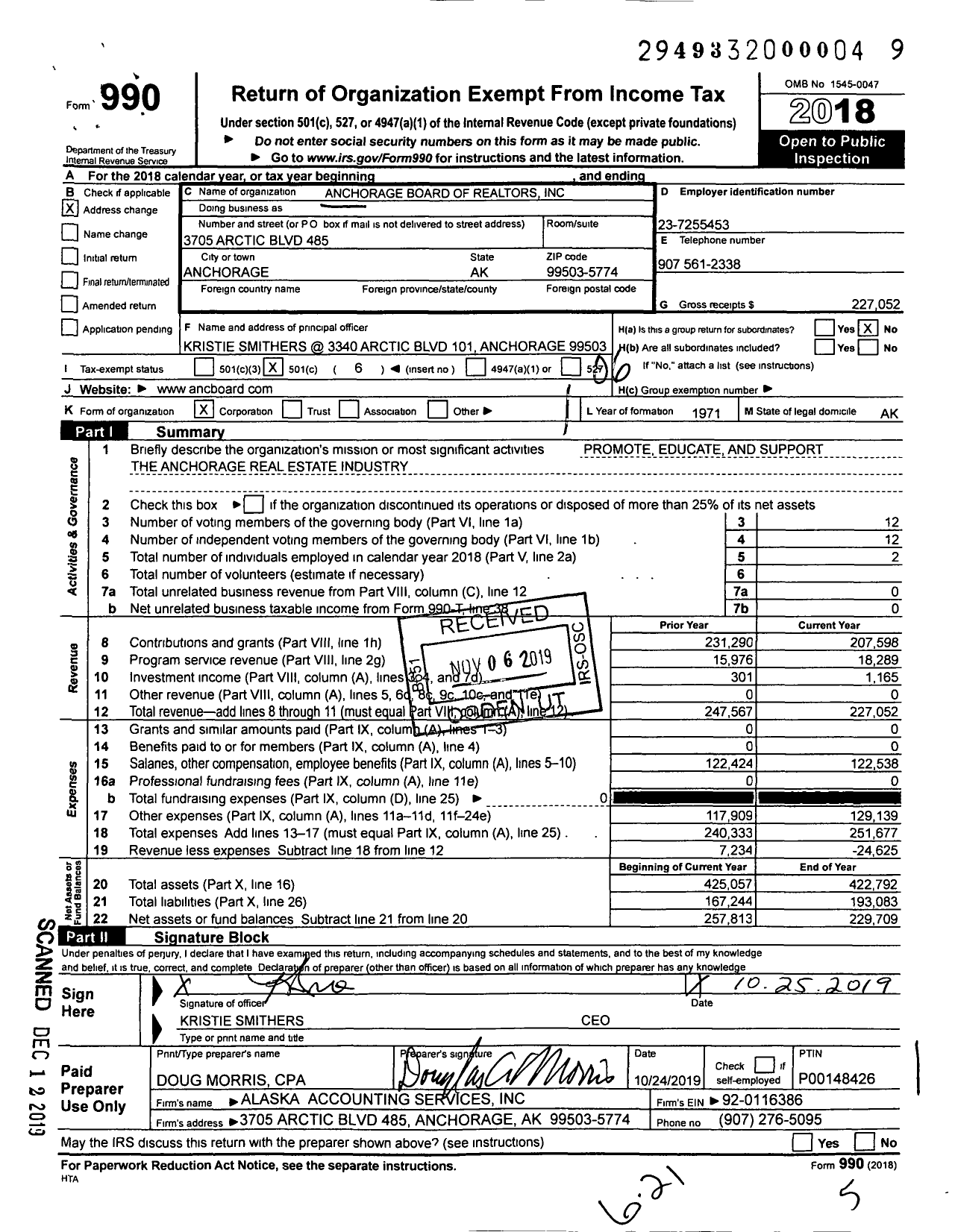 Image of first page of 2018 Form 990O for Anchorage Board of Realtors