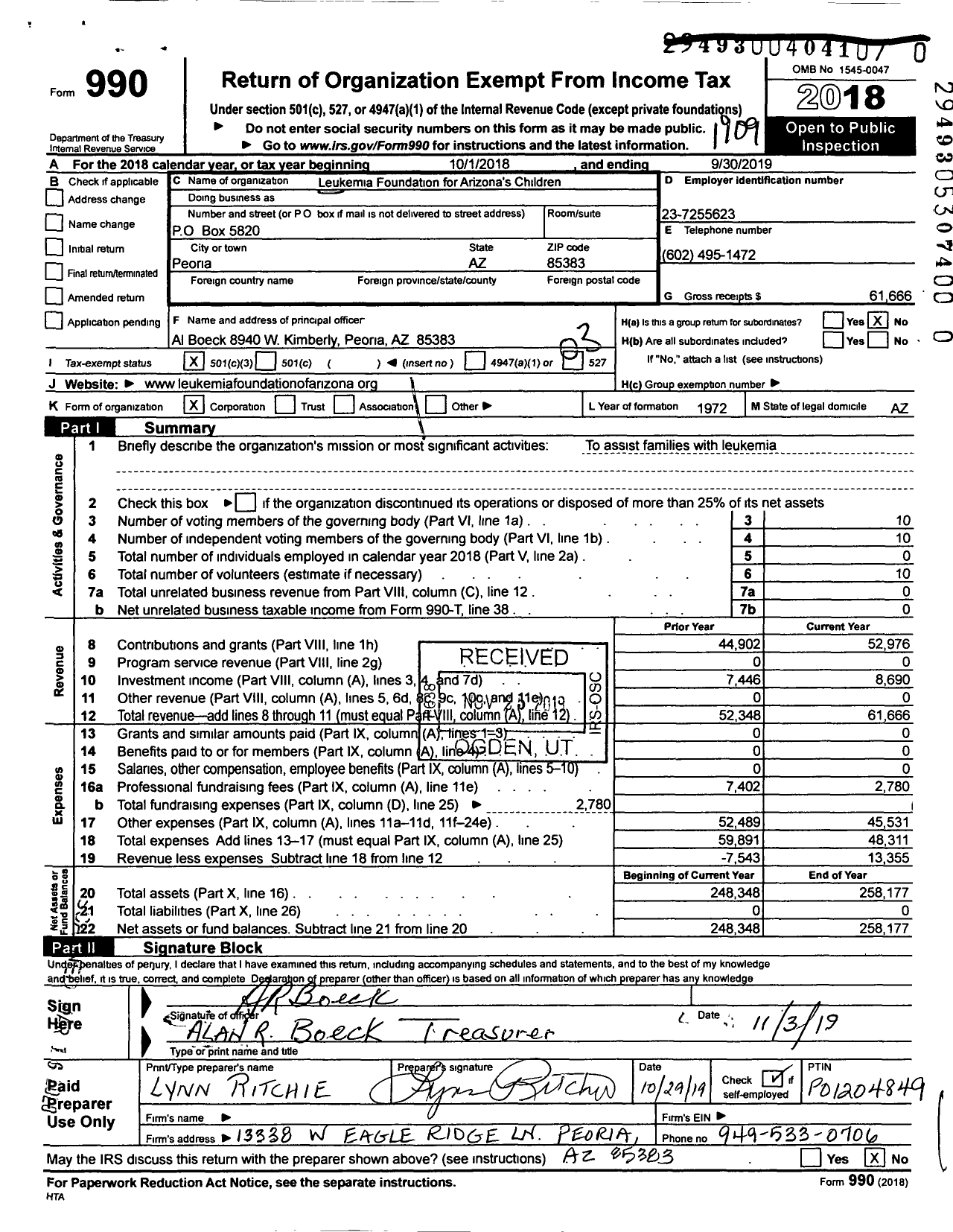 Image of first page of 2018 Form 990 for Leukemia Foundation for Arizonas Children