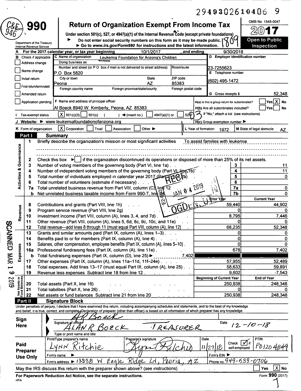 Image of first page of 2017 Form 990 for Leukemia Foundation for Arizonas Children