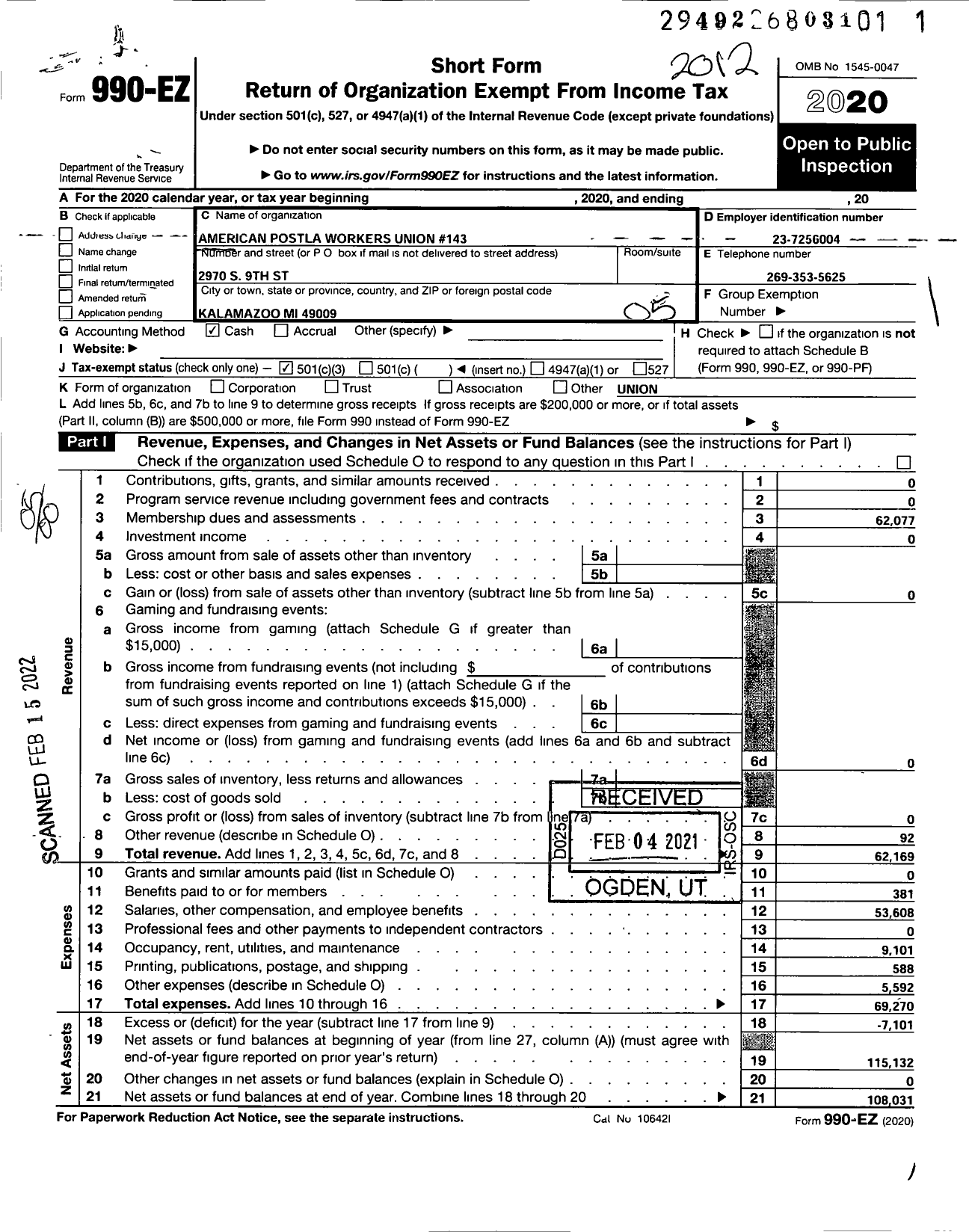 Image of first page of 2020 Form 990EO for American Postal Workers Union - 143 Southwest Michigan Area Loca