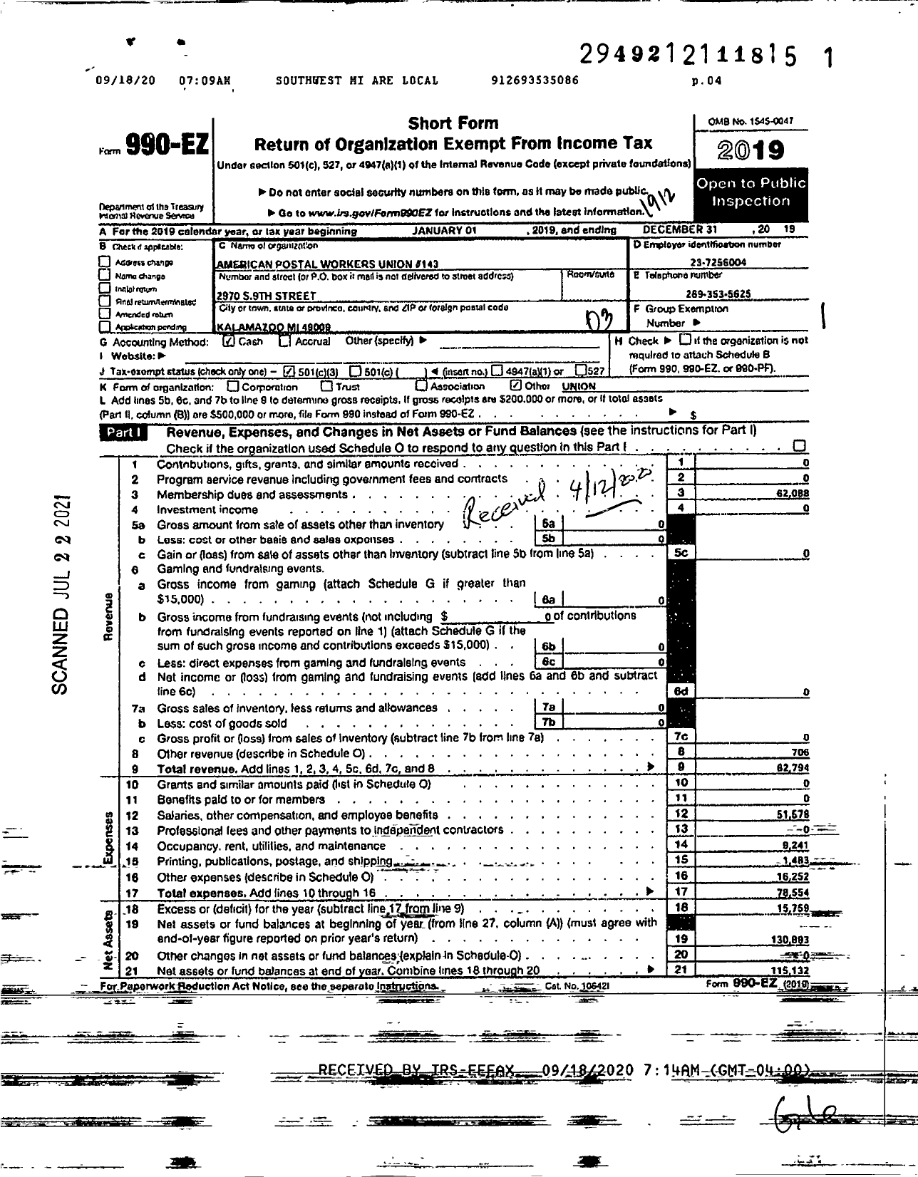 Image of first page of 2019 Form 990EZ for American Postal Workers Union - 143 Southwest Michigan Area Loca