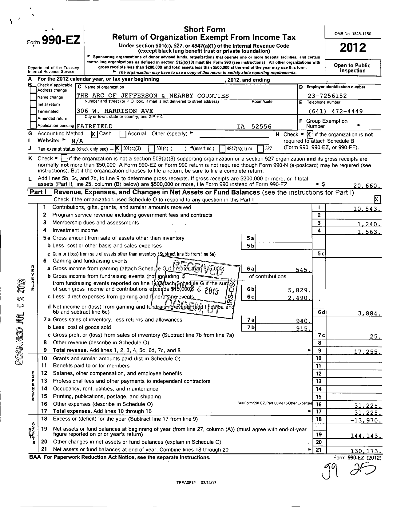 Image of first page of 2012 Form 990EZ for Arc of Iowa - 2242 Jefferson County