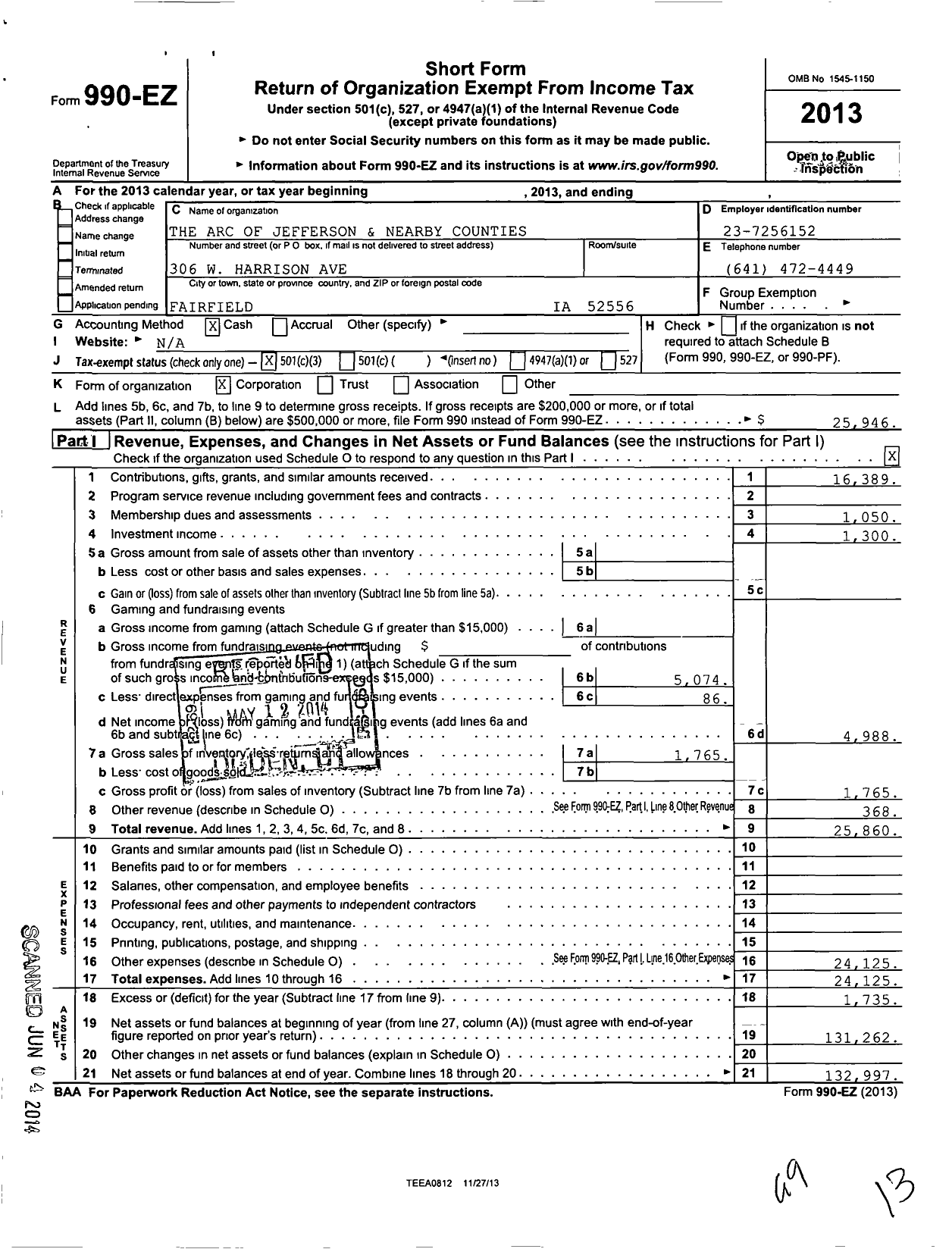 Image of first page of 2013 Form 990EZ for Arc of Iowa - 2242 Jefferson County