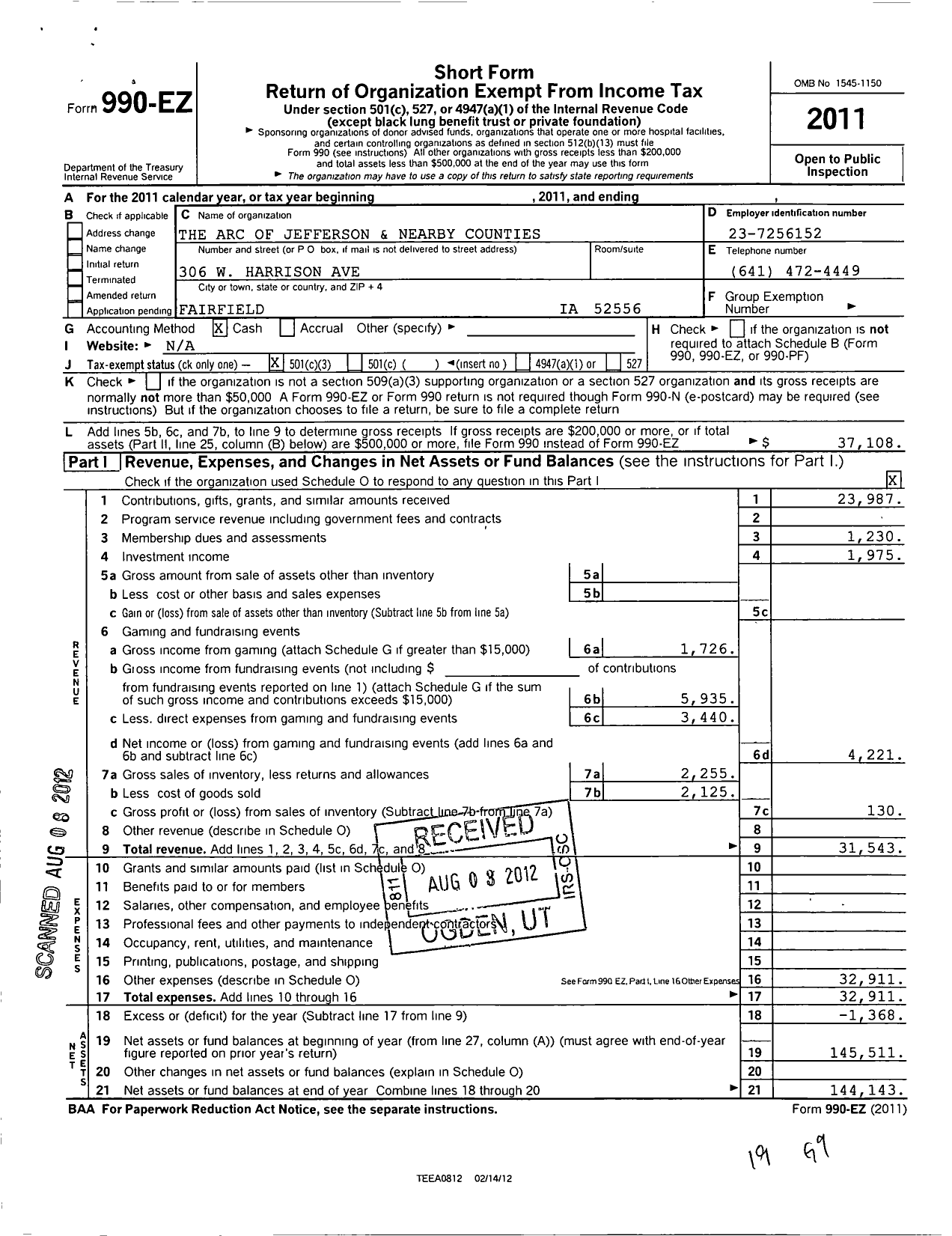 Image of first page of 2011 Form 990EZ for Arc of Iowa - 2242 Jefferson County