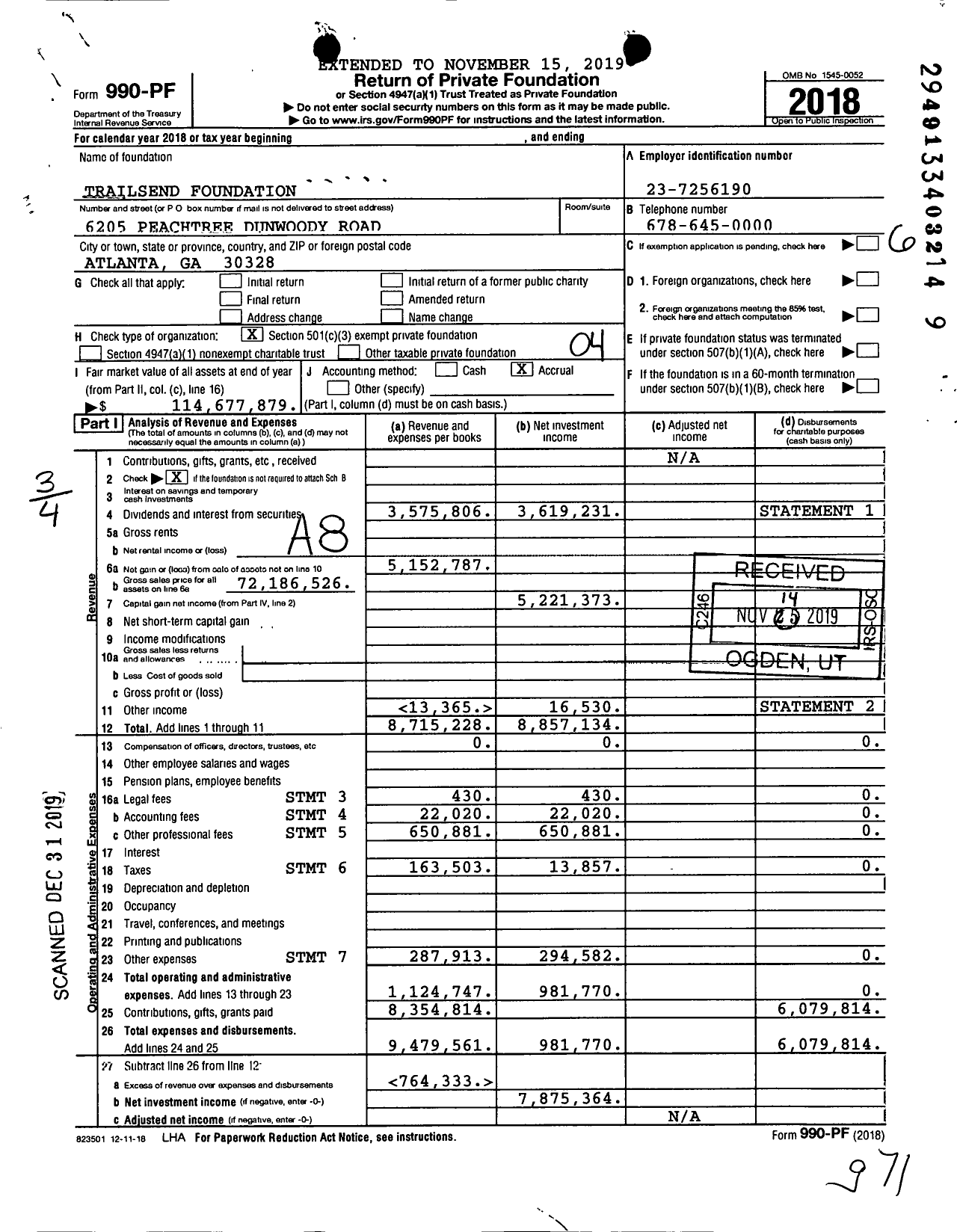 Image of first page of 2018 Form 990PF for Trailsend Foundation