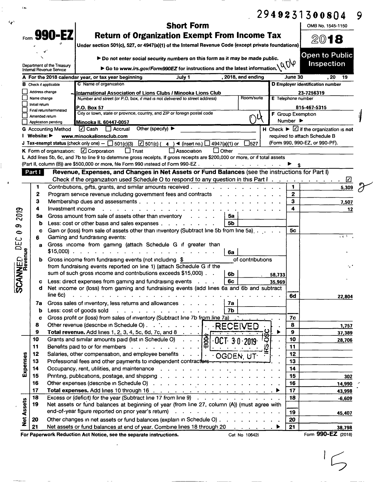 Image of first page of 2018 Form 990EO for Lions Clubs - 602 Minooka