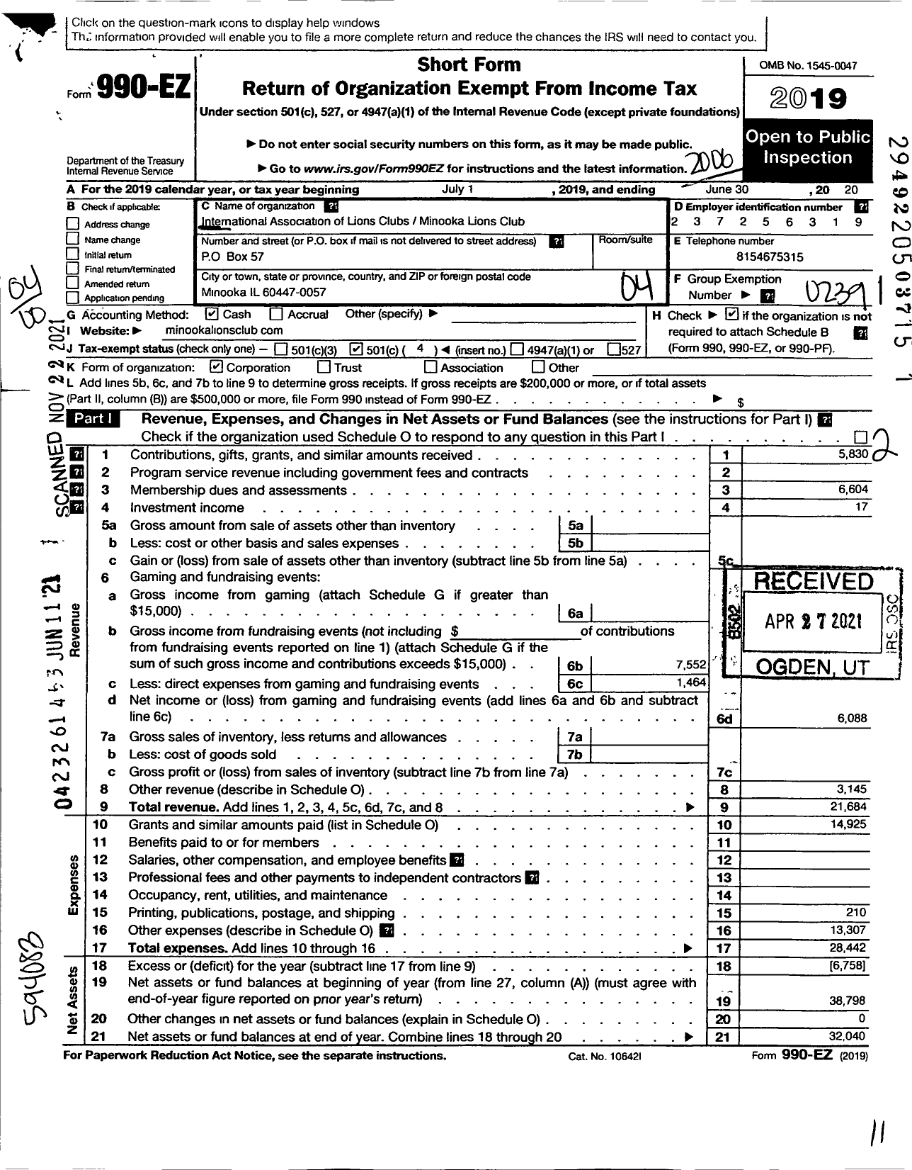 Image of first page of 2019 Form 990EO for Lions Clubs - 602 Minooka