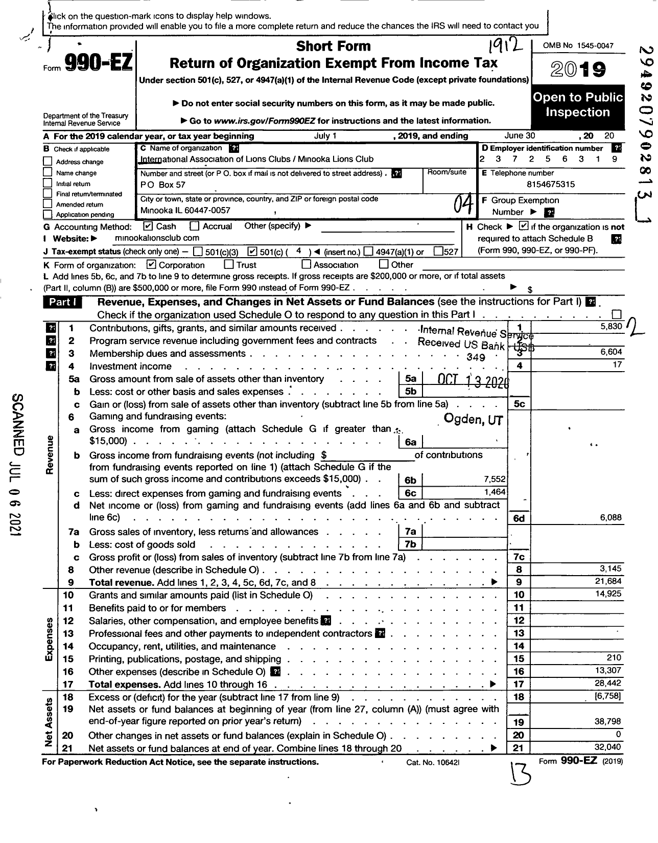 Image of first page of 2019 Form 990EO for Lions Clubs - 602 Minooka