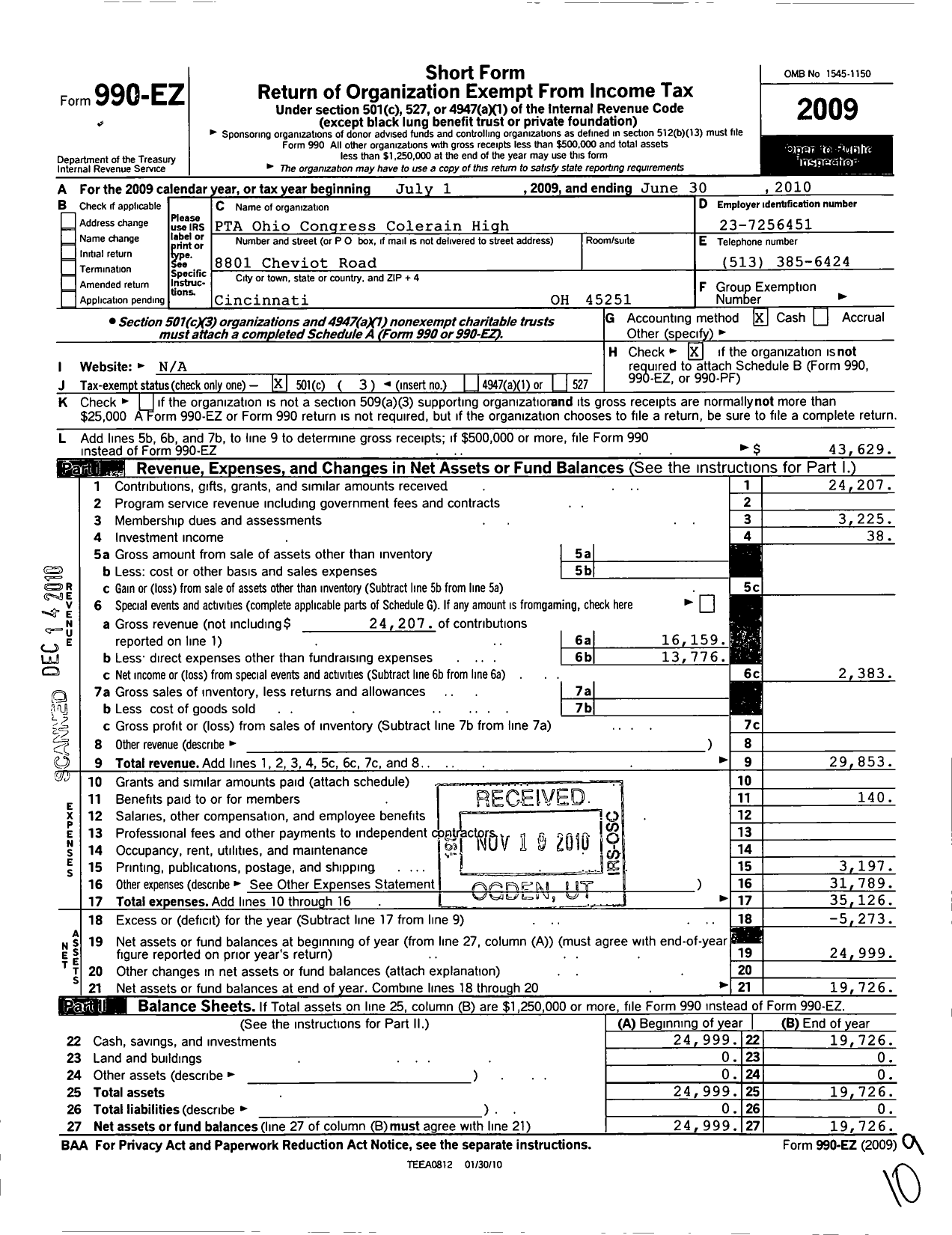 Image of first page of 2009 Form 990EZ for PTA Ohio Congress / Colerain High