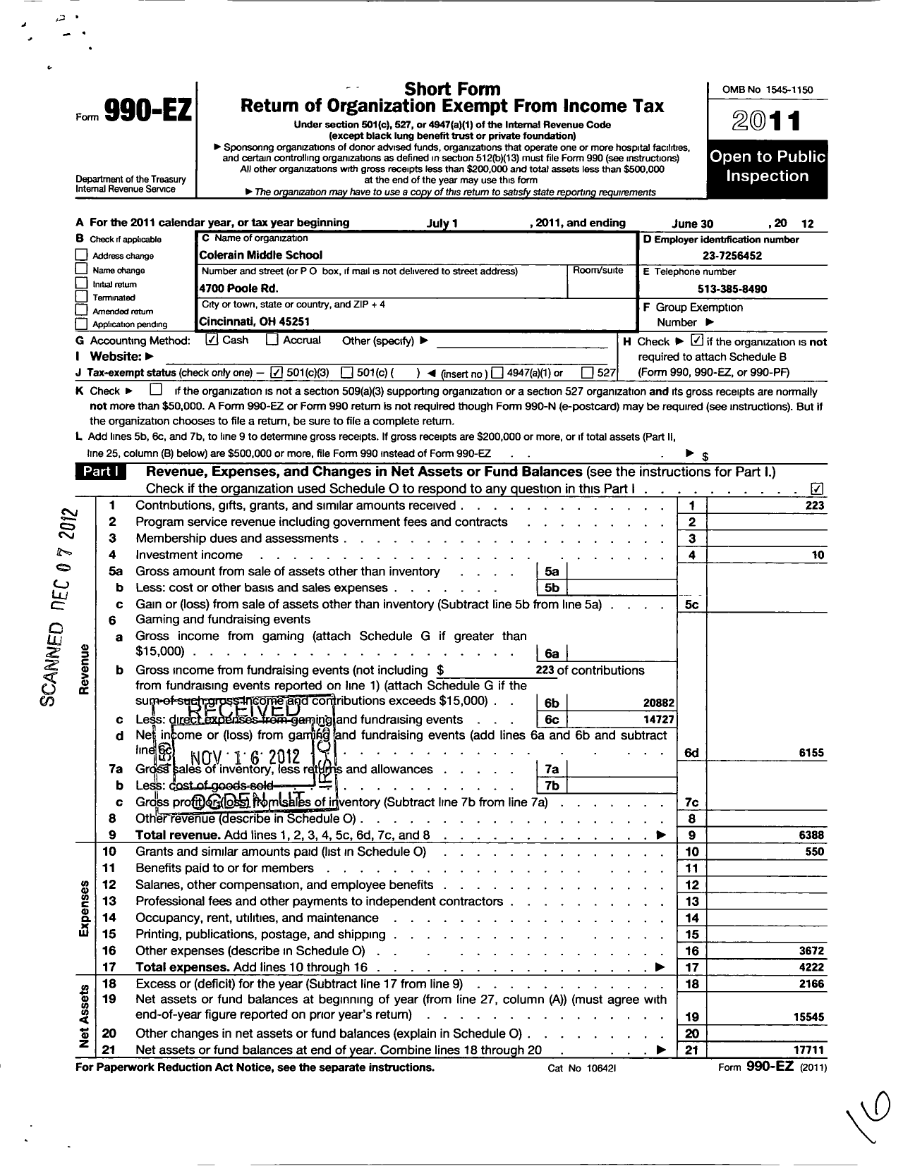 Image of first page of 2011 Form 990EZ for PTA Ohio Congress / Colerain Middle PTA