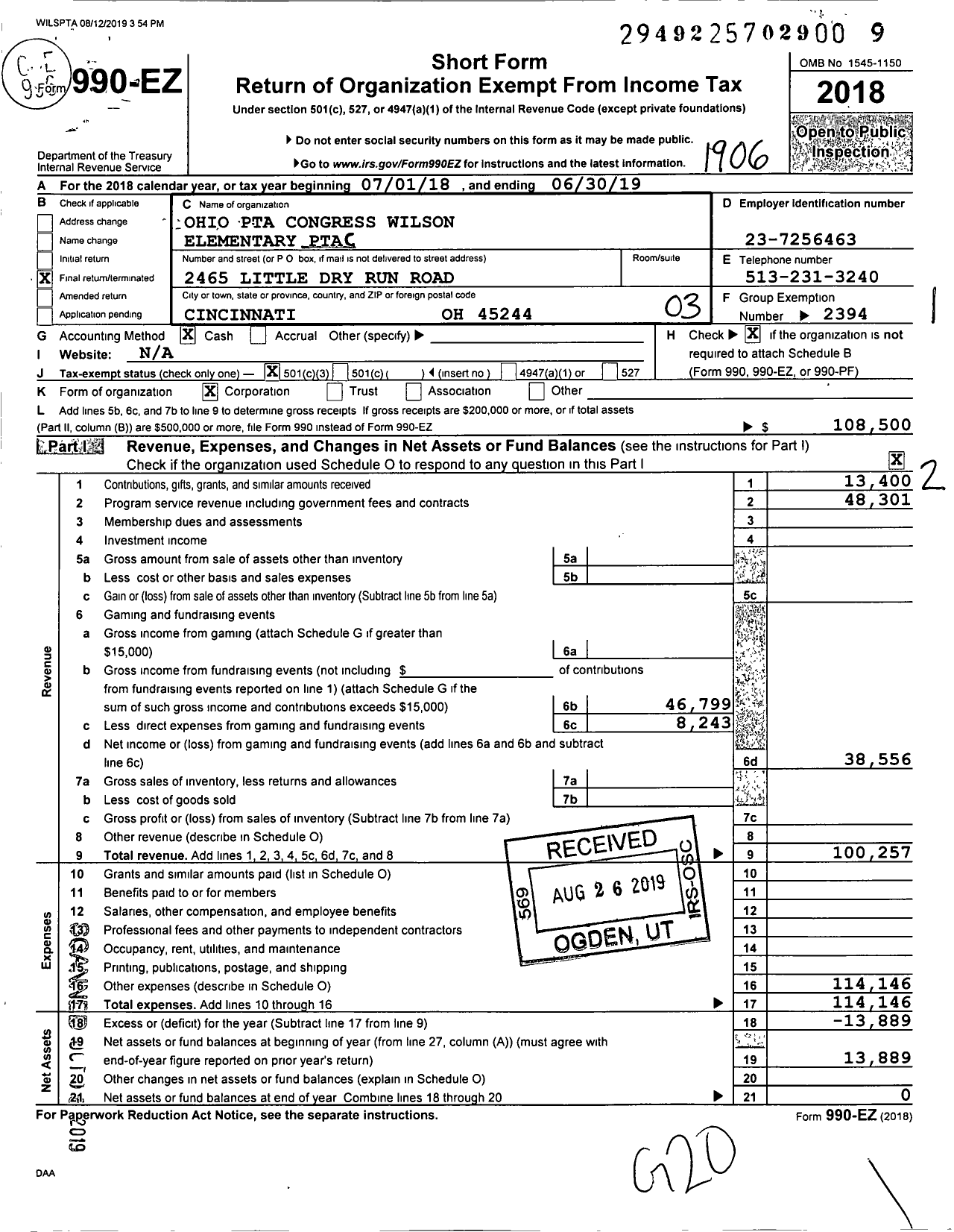 Image of first page of 2018 Form 990EZ for PTA Wilson Elementary Ohio Congress