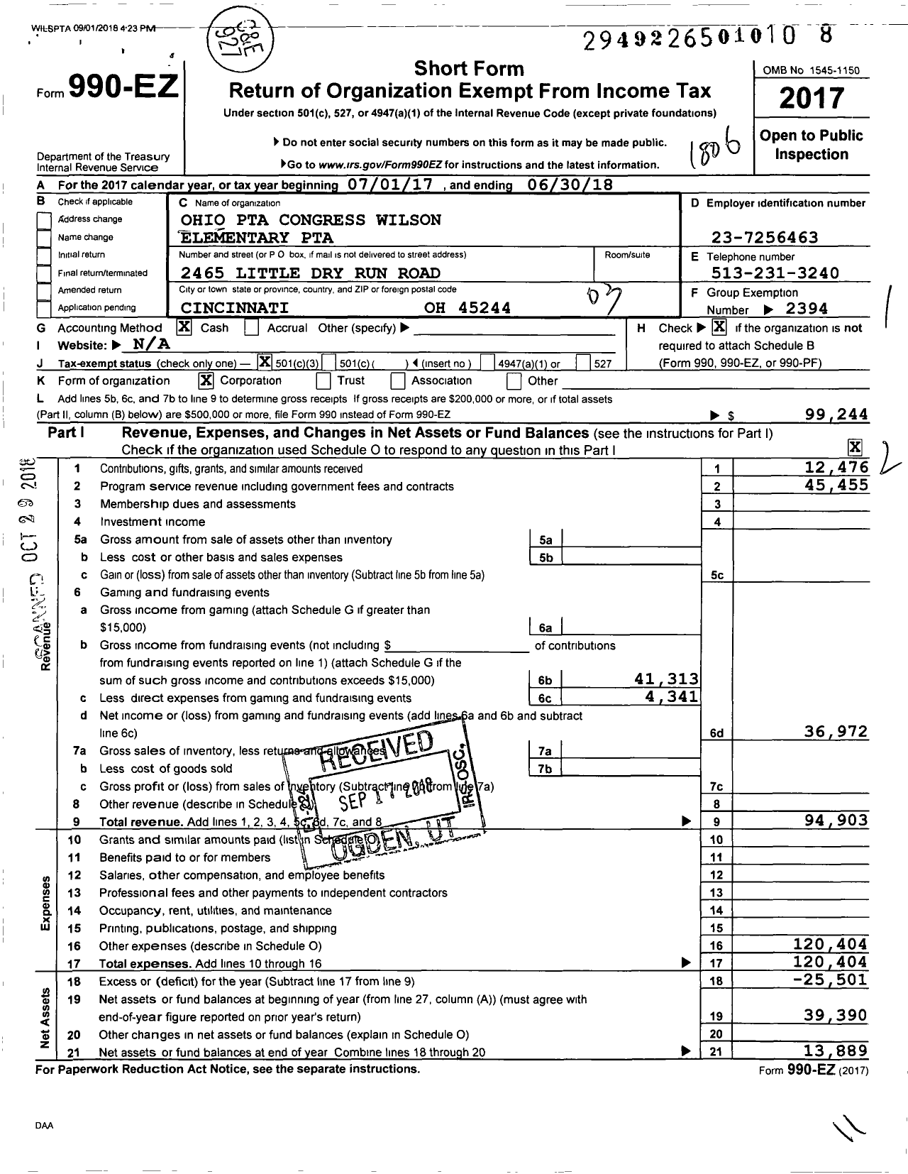 Image of first page of 2017 Form 990EZ for PTA Wilson Elementary Ohio Congress