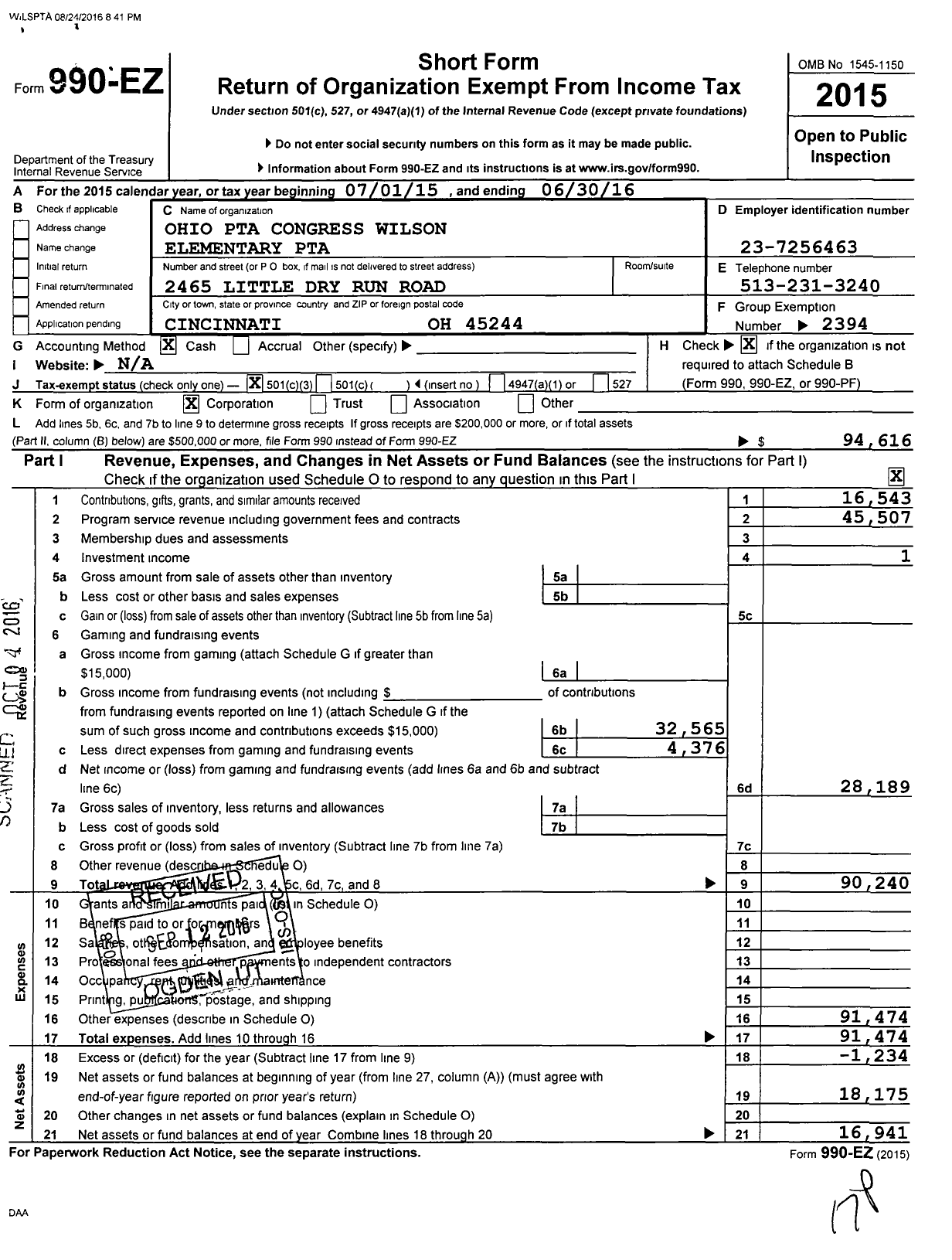 Image of first page of 2015 Form 990EZ for PTA Wilson Elementary Ohio Congress