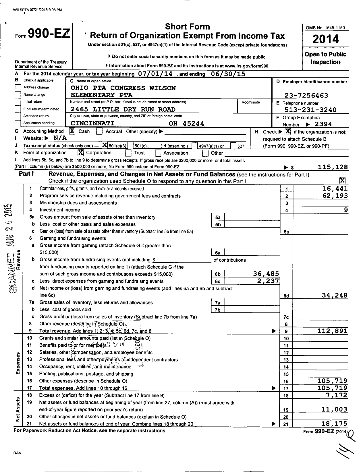 Image of first page of 2014 Form 990EZ for PTA Wilson Elementary Ohio Congress