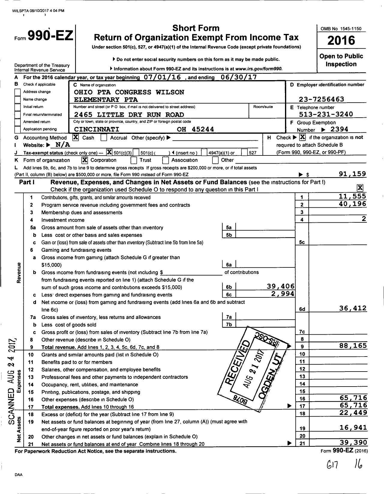 Image of first page of 2016 Form 990EZ for PTA Wilson Elementary Ohio Congress