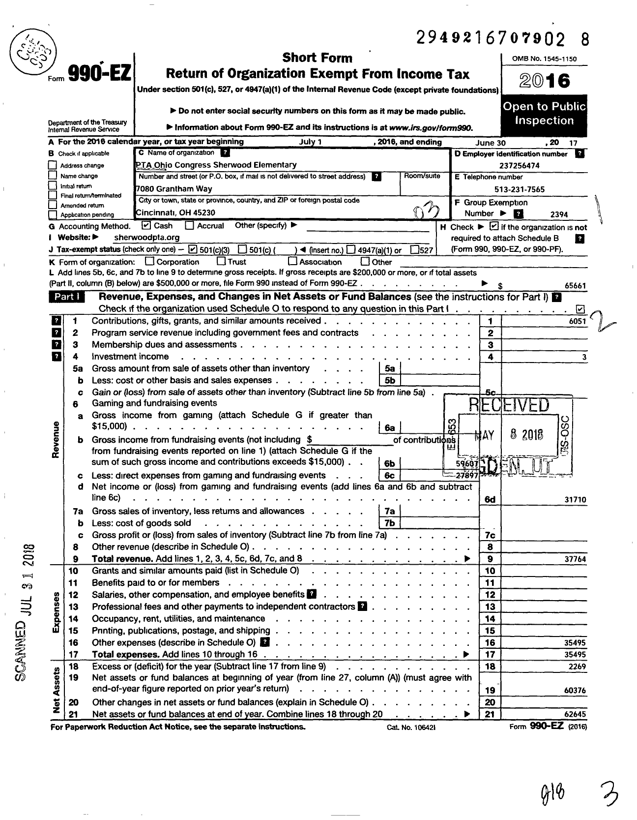 Image of first page of 2016 Form 990EZ for PTA Sherwood Elementary Ohio Congress