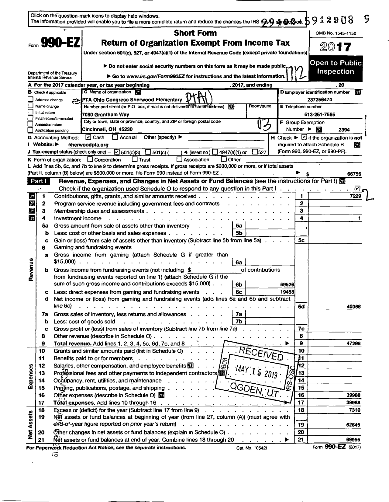 Image of first page of 2017 Form 990EZ for PTA Sherwood Elementary Ohio Congress