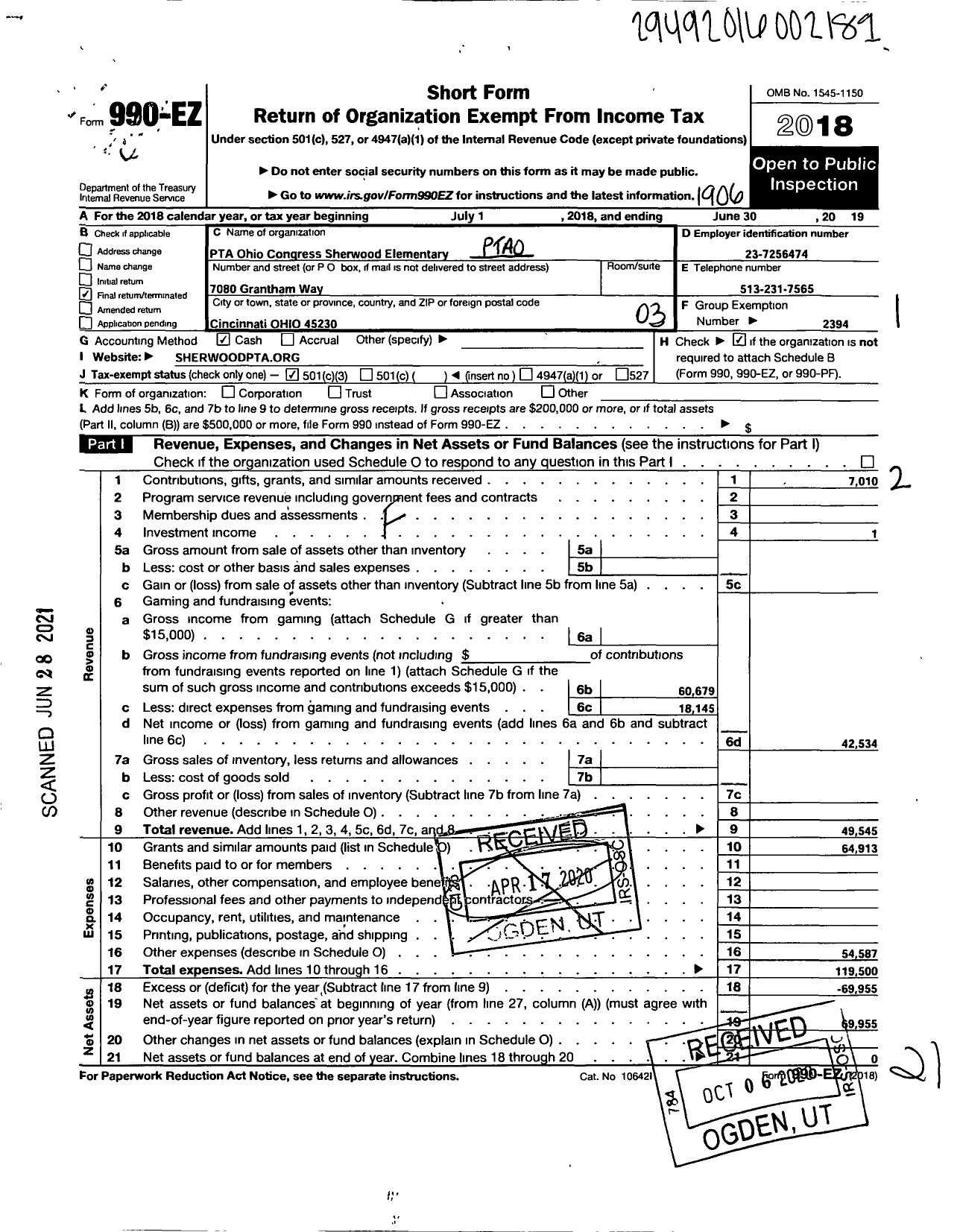 Image of first page of 2018 Form 990EZ for PTA Sherwood Elementary Ohio Congress