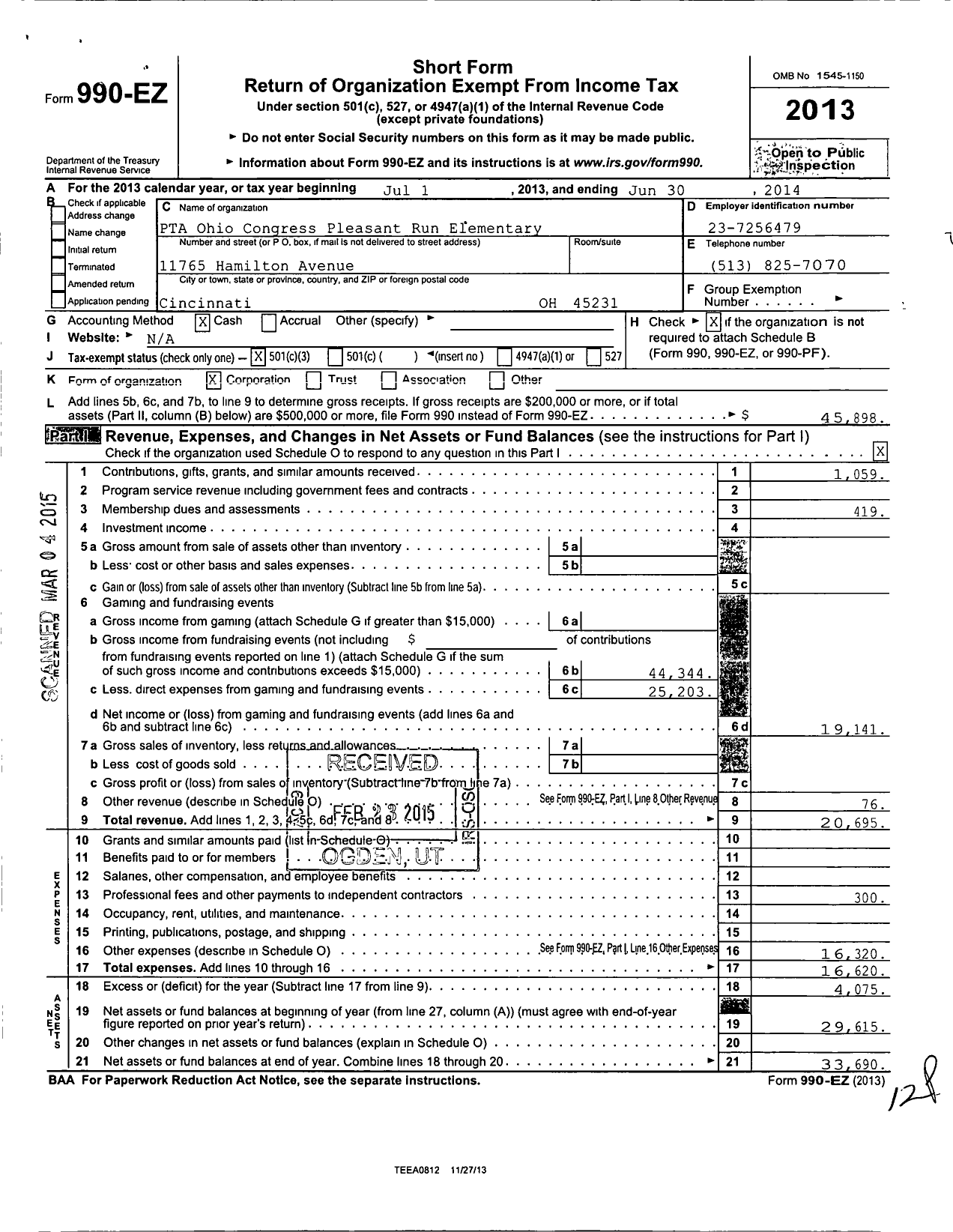 Image of first page of 2013 Form 990EZ for PTA Ohio Congress / Pleasant Run El
