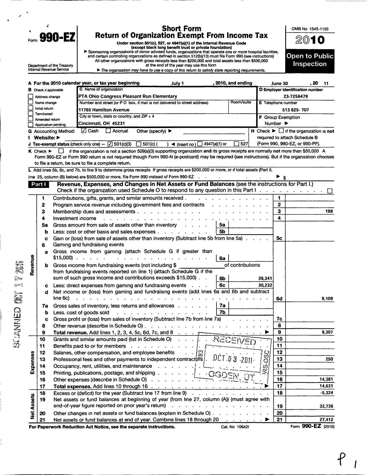 Image of first page of 2010 Form 990EZ for PTA Ohio Congress / Pleasant Run El