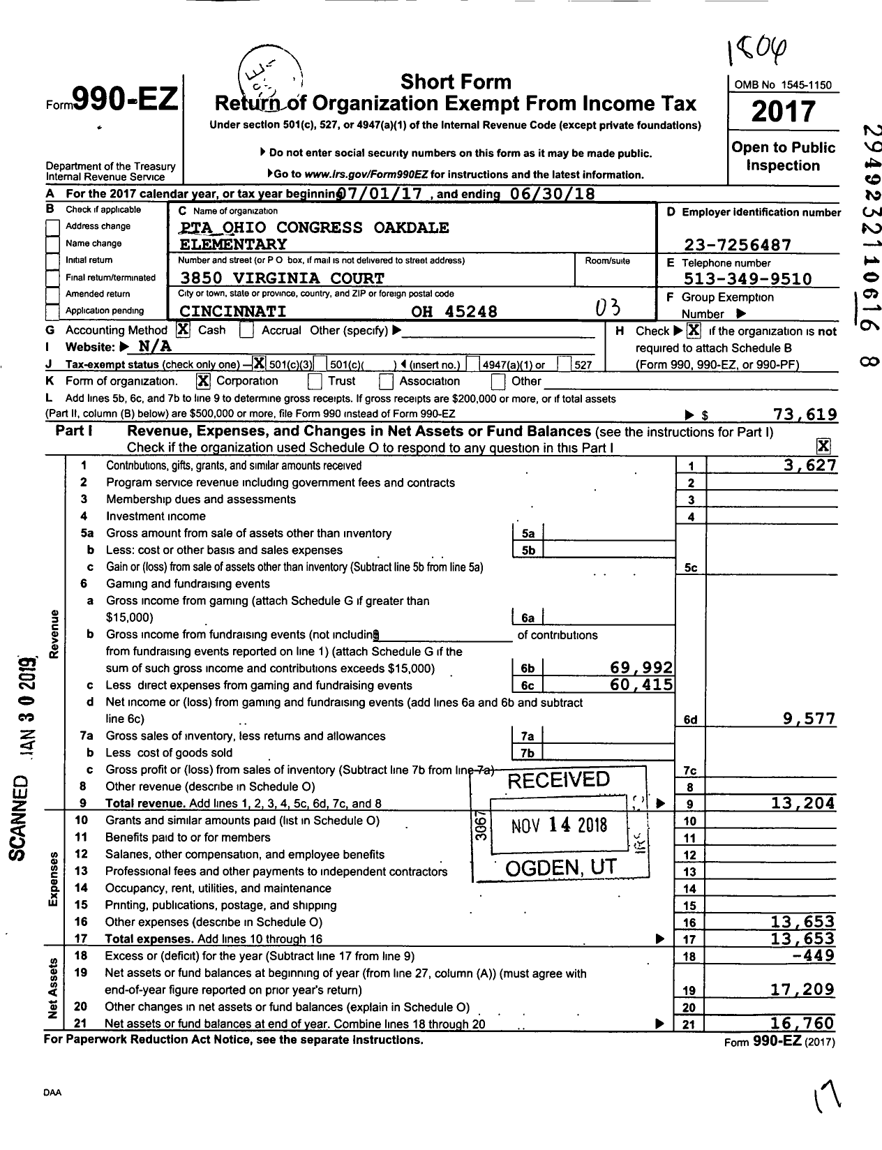 Image of first page of 2017 Form 990EZ for Oakdale Elementary PTA