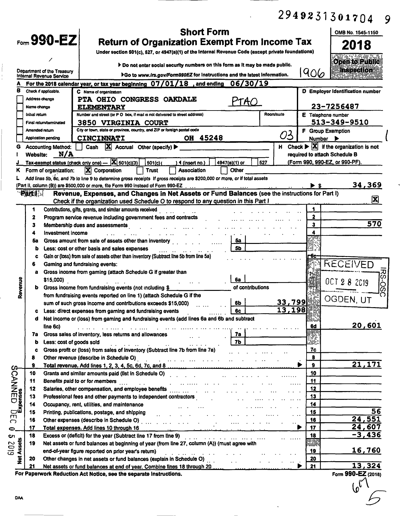 Image of first page of 2018 Form 990EZ for Oakdale Elementary PTA