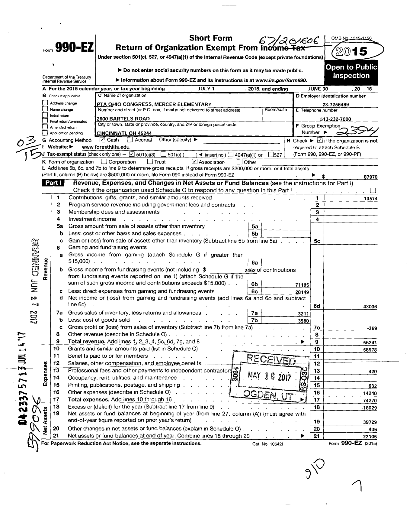 Image of first page of 2015 Form 990EZ for PTA Ohio Congress Mercer Elementary