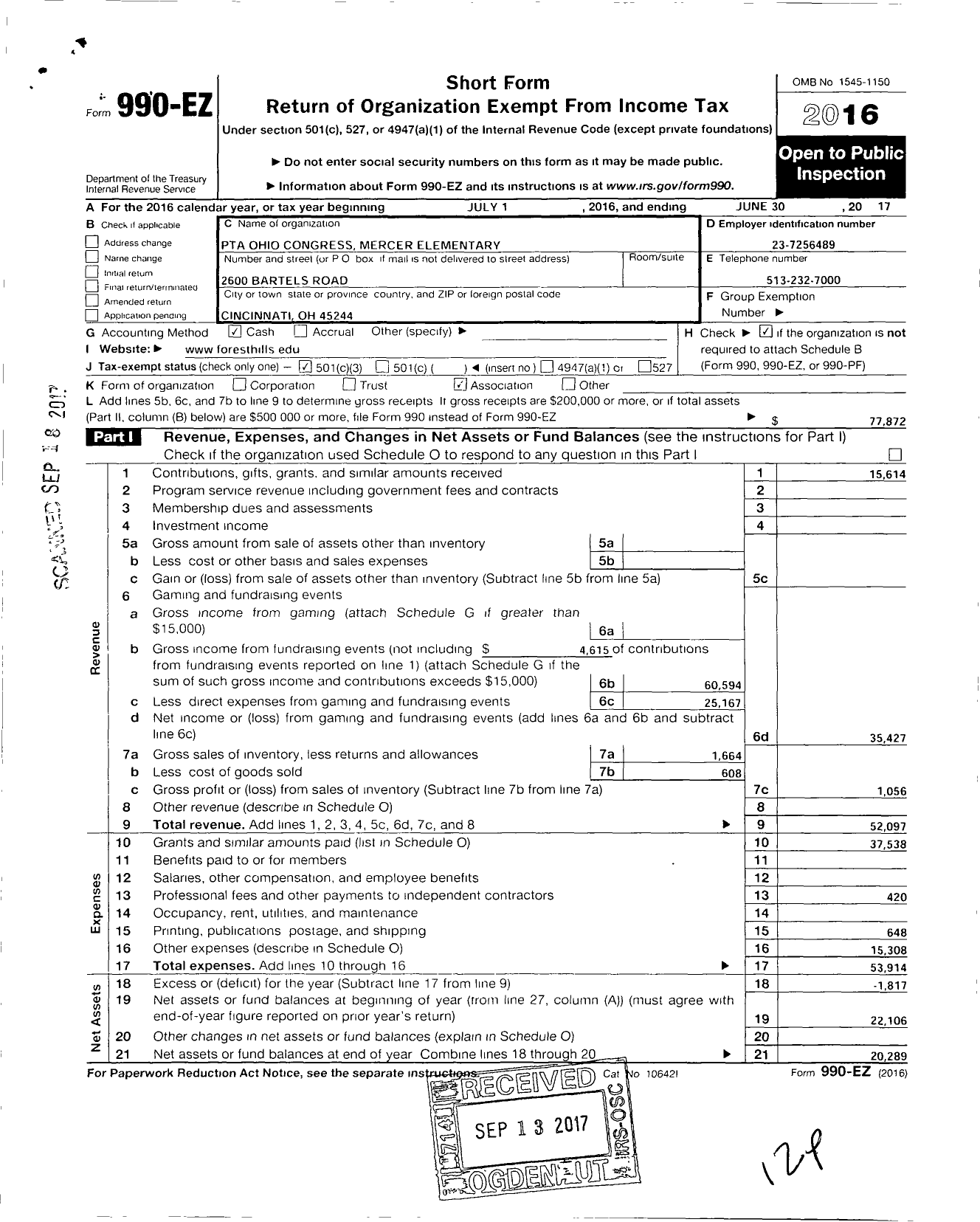 Image of first page of 2016 Form 990EZ for PTA Ohio Congress Mercer Elementary