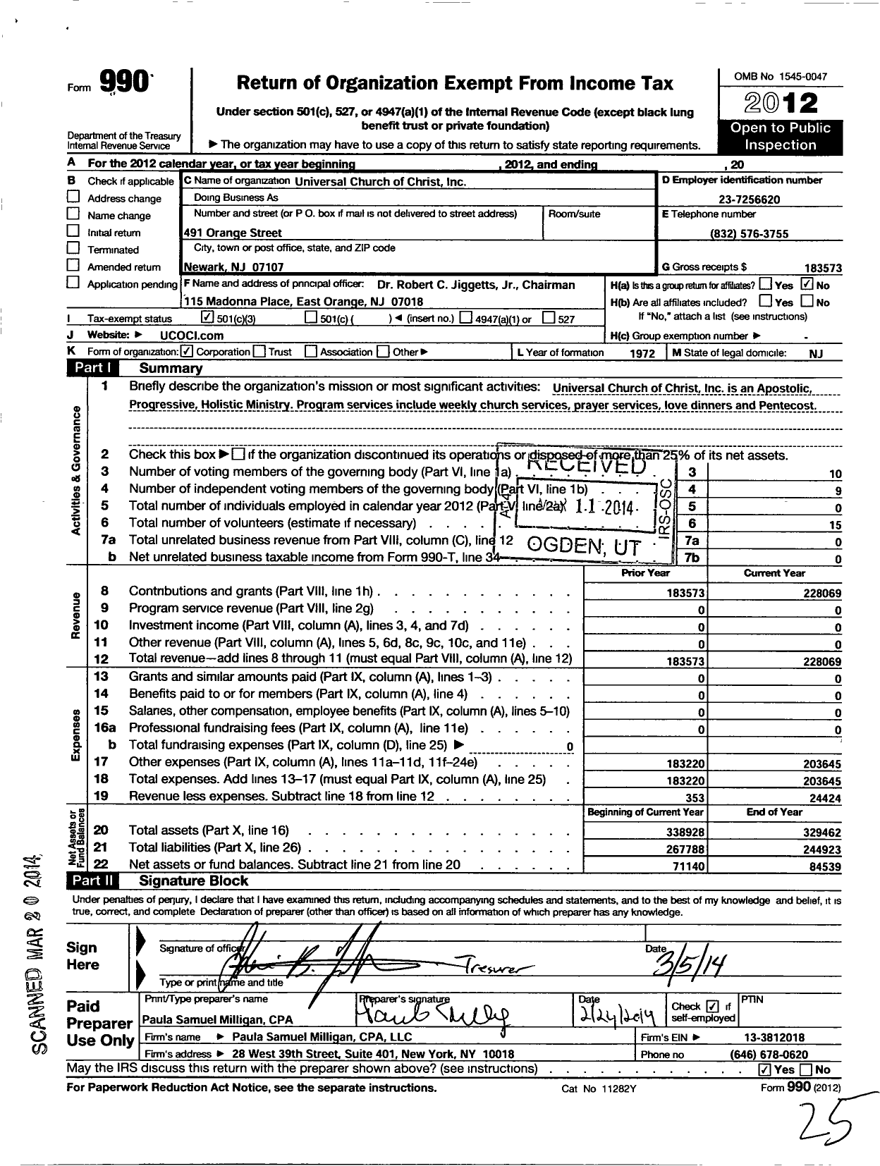 Image of first page of 2012 Form 990 for Universal Church of Christ