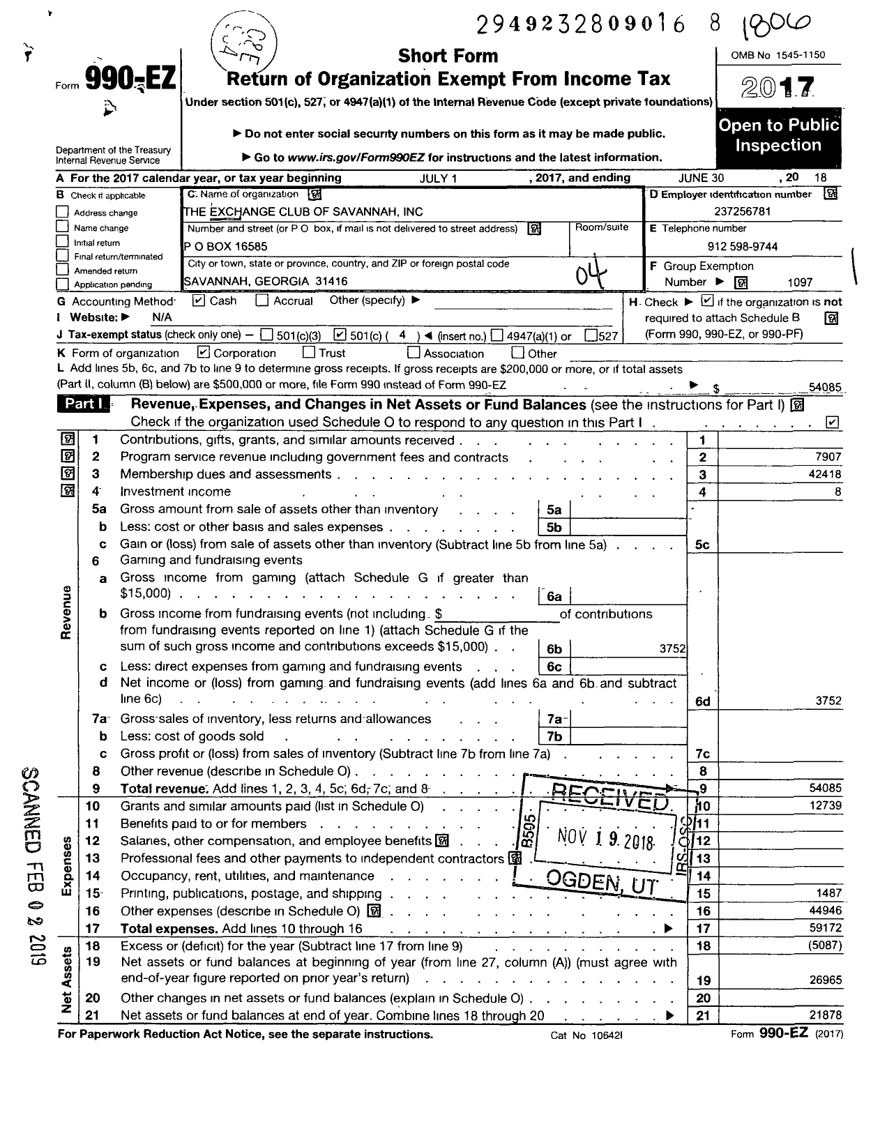 Image of first page of 2017 Form 990EO for National Exchange Club - 1377 Savannah Ga