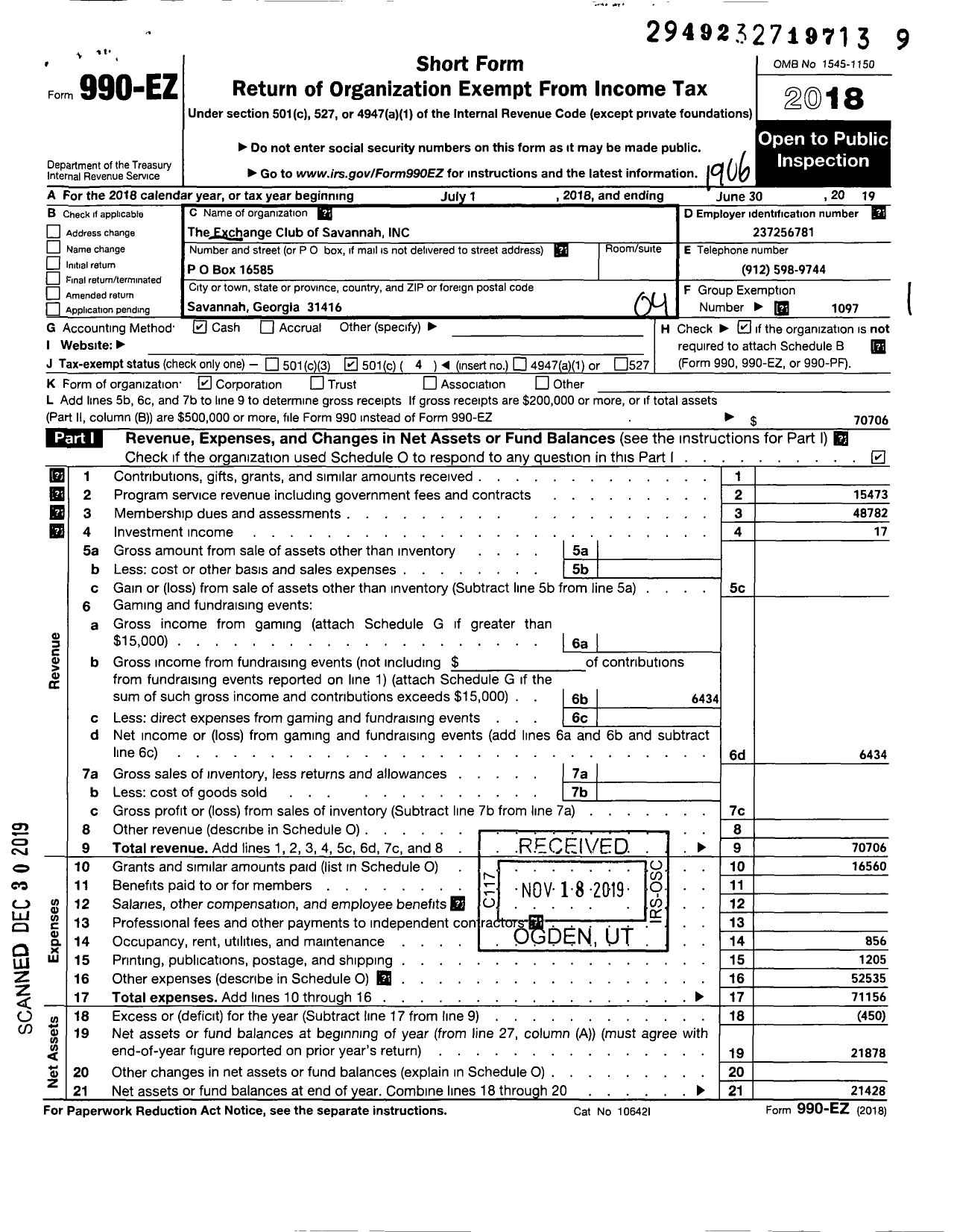 Image of first page of 2018 Form 990EO for National Exchange Club - 1377 Savannah Ga