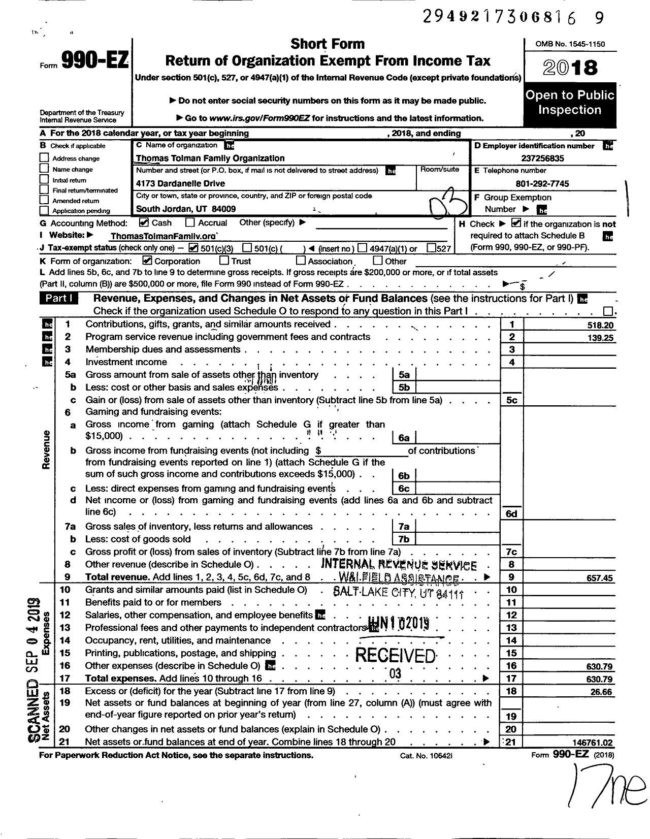 Image of first page of 2018 Form 990EZ for Thomas Tolman Family Organization