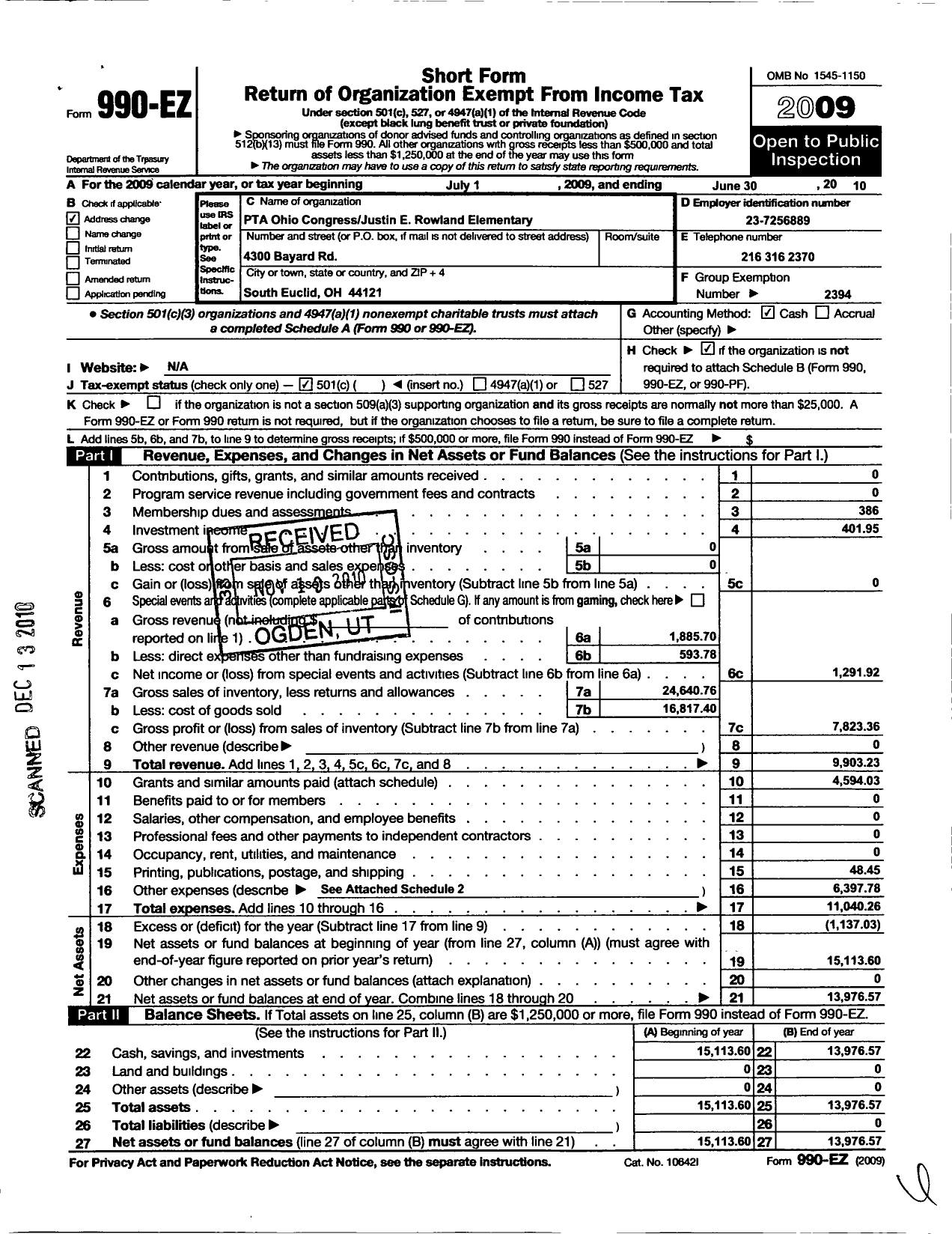 Image of first page of 2009 Form 990EO for PTA Ohio Congress / Justin E Rowland El