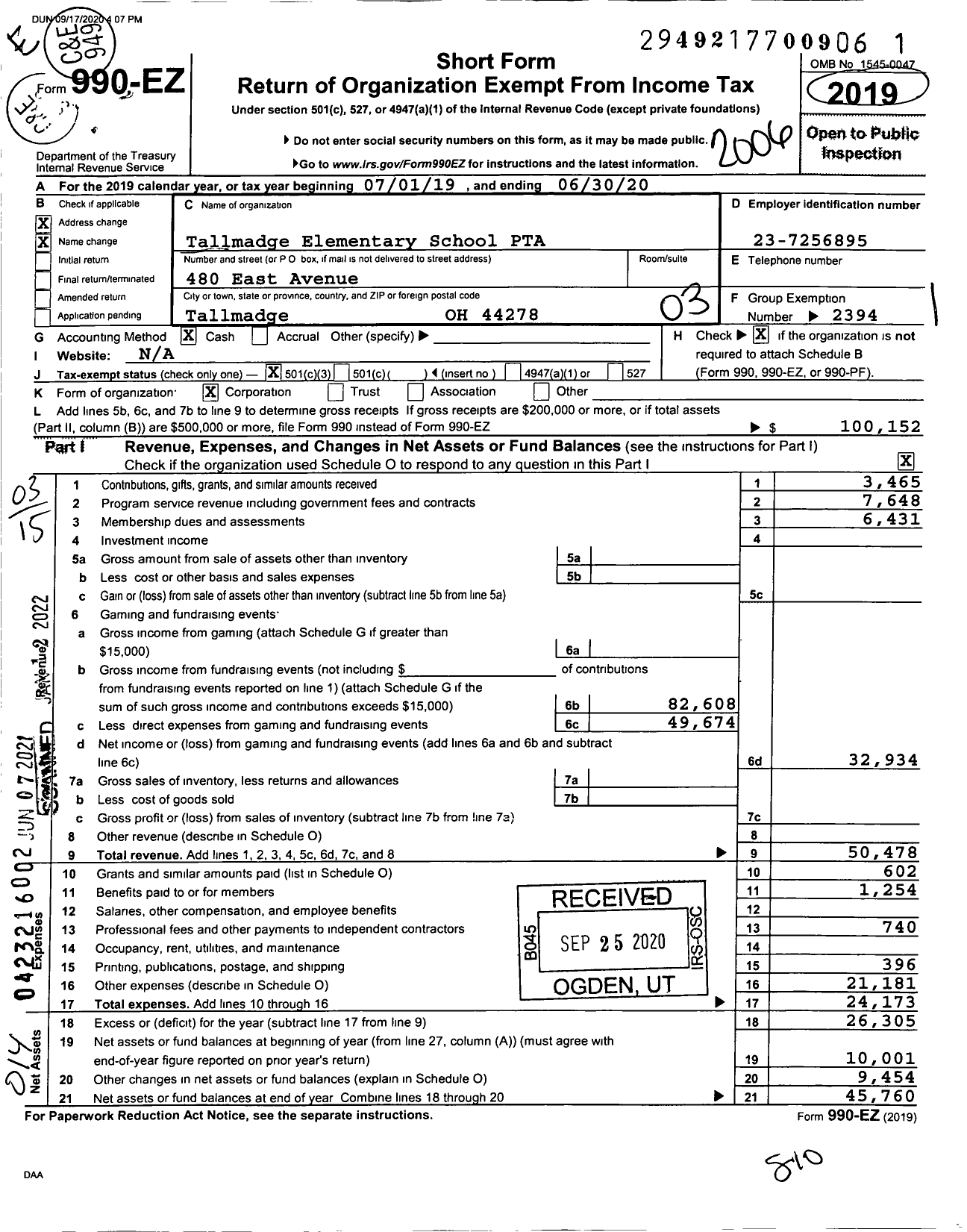 Image of first page of 2019 Form 990EZ for Tallmadge Elementary School PTA