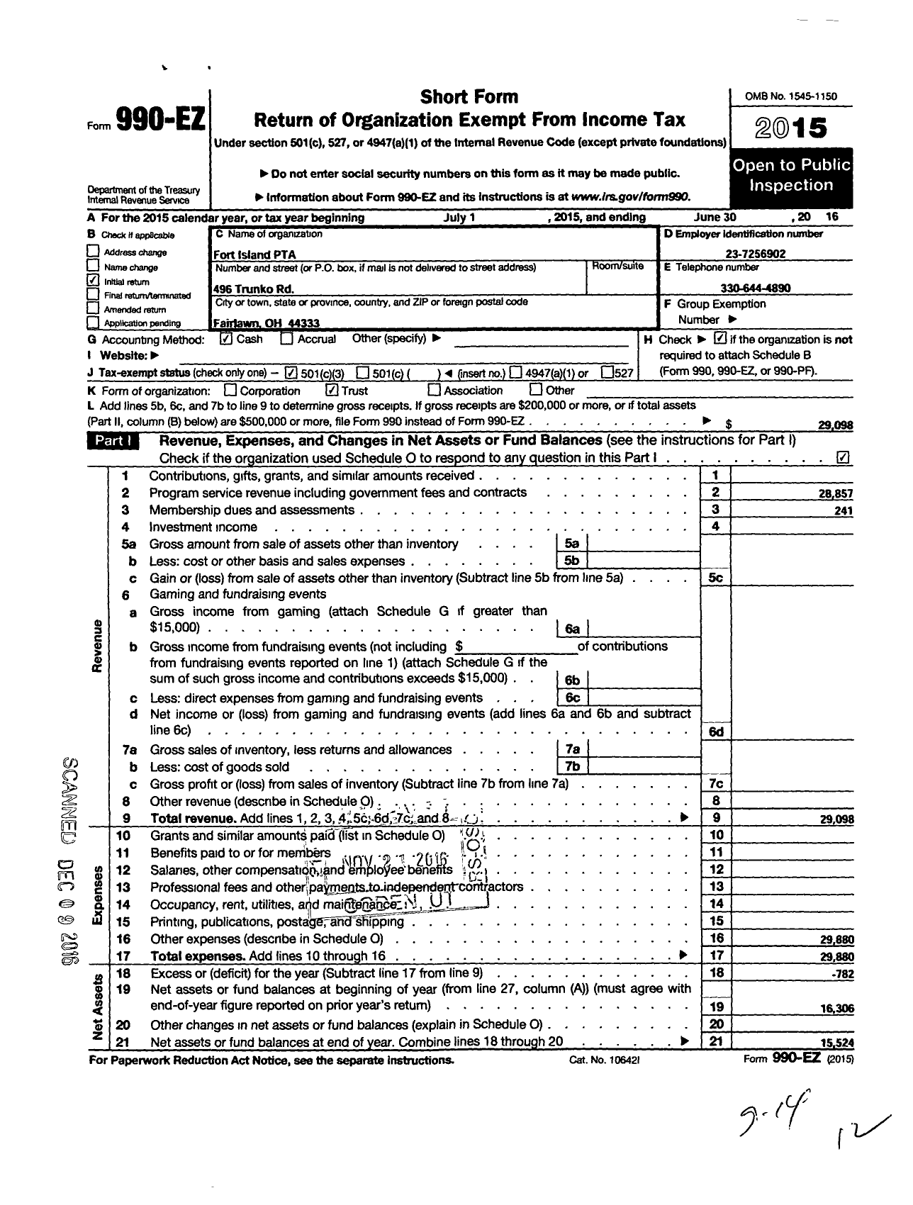 Image of first page of 2015 Form 990EZ for PTA Ohio Congress / Fort Island Elementary