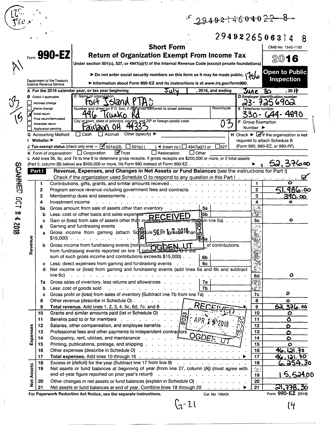 Image of first page of 2016 Form 990EZ for PTA Ohio Congress / Fort Island Elementary