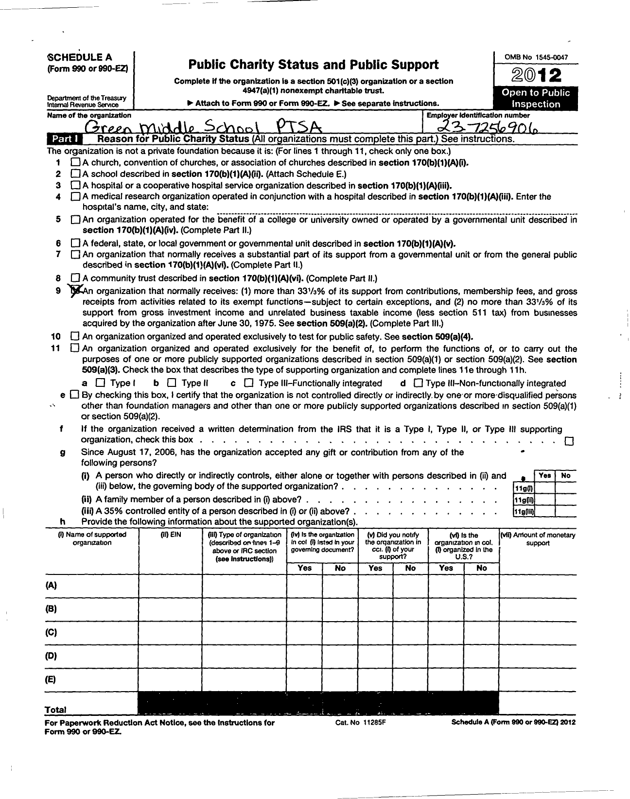 Image of first page of 2011 Form 990ER for Green Middle School PTSA
