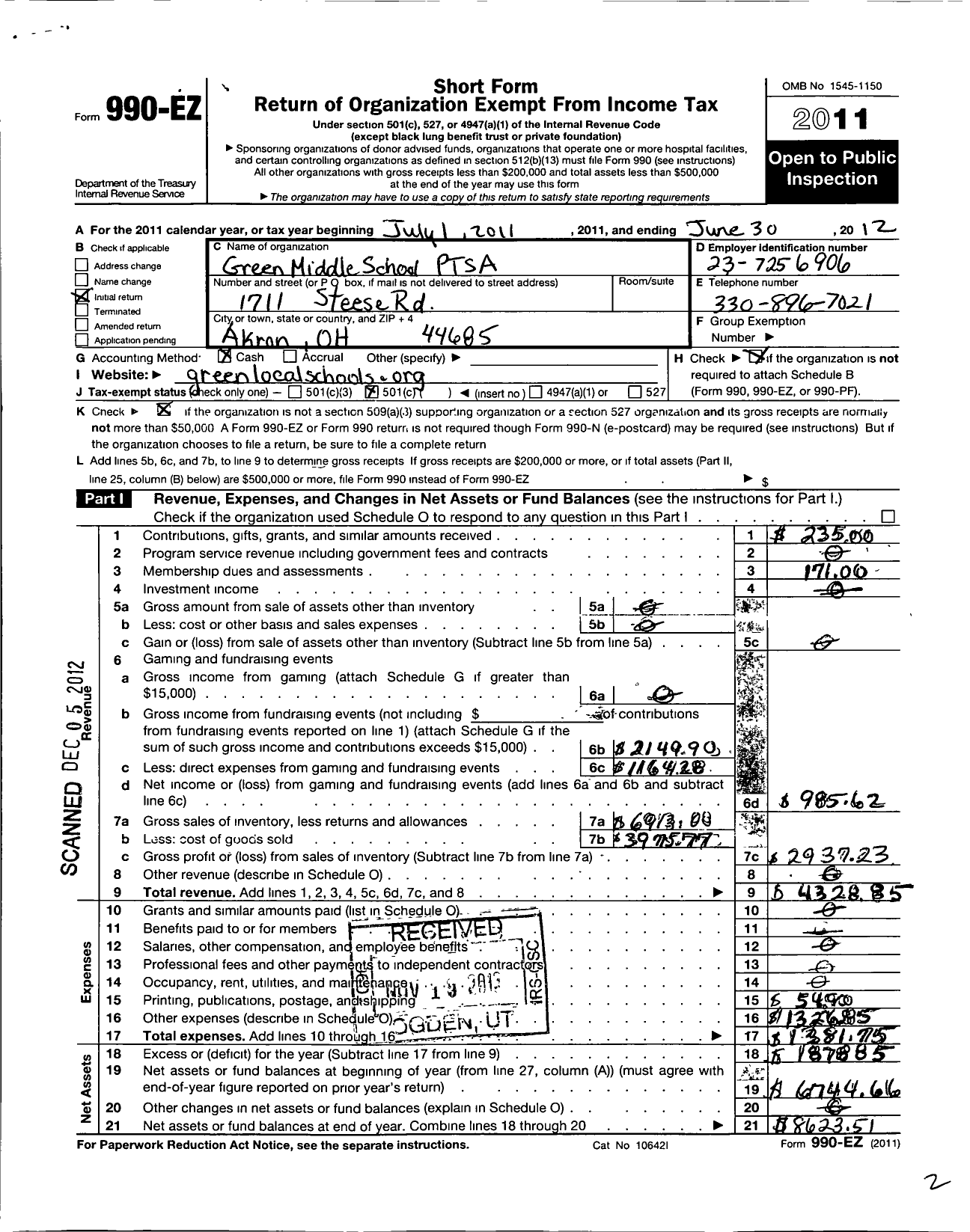 Image of first page of 2011 Form 990EO for Green Middle School PTSA
