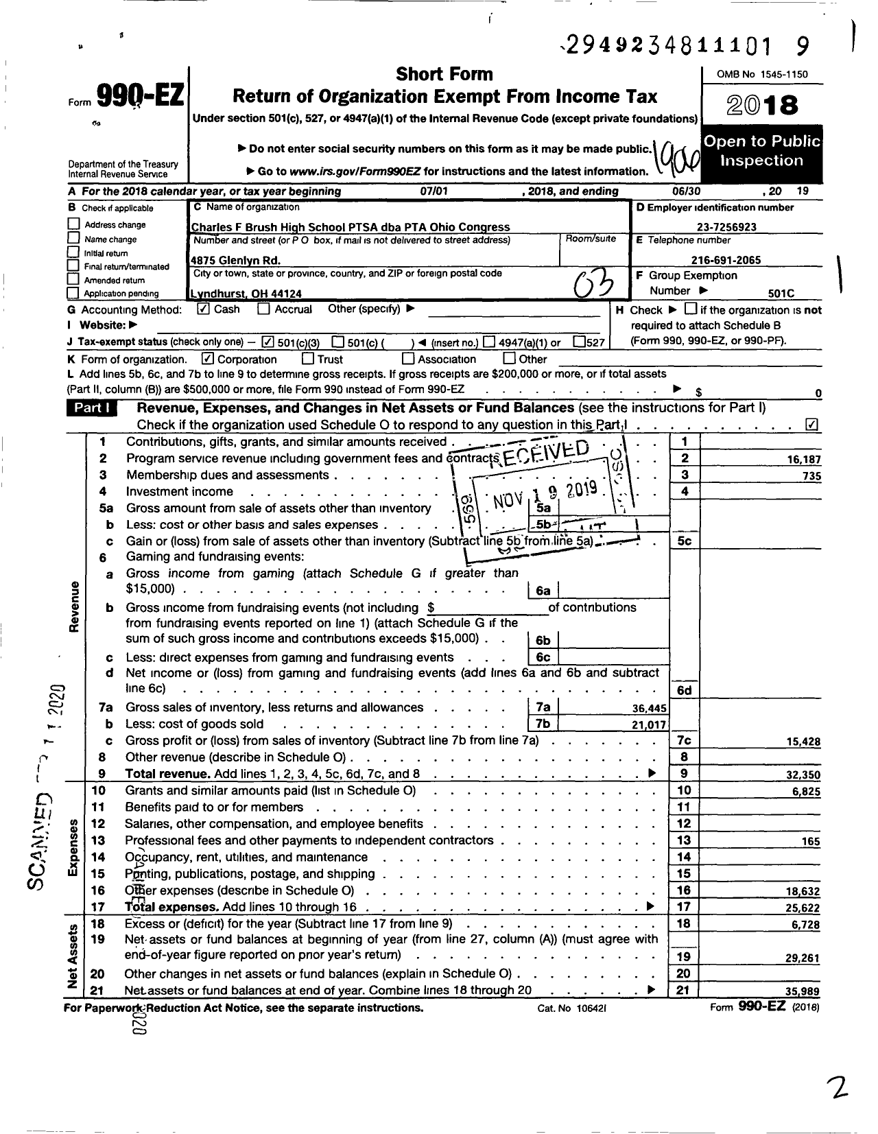 Image of first page of 2018 Form 990EZ for PTA Ohio Congress / Charles F Brush High