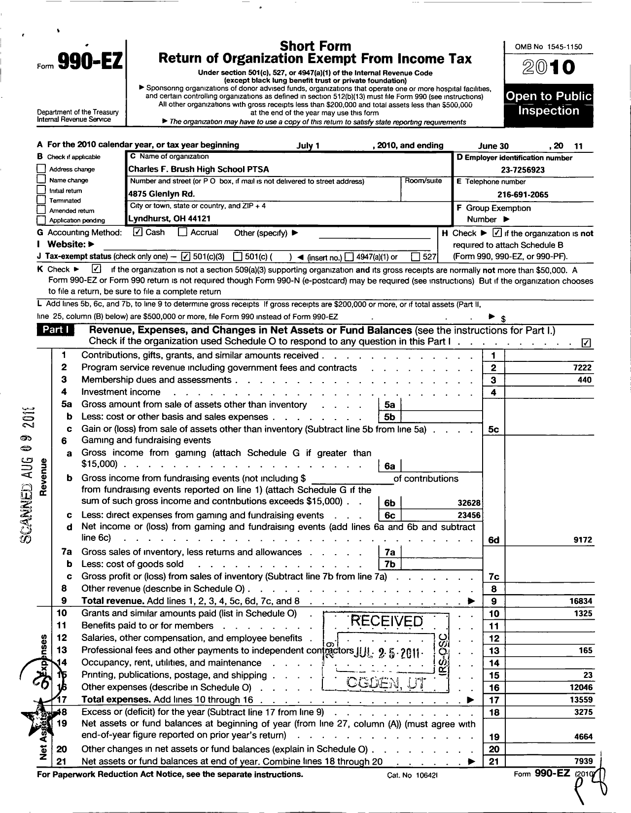 Image of first page of 2010 Form 990EZ for PTA Ohio Congress / Charles F Brush High